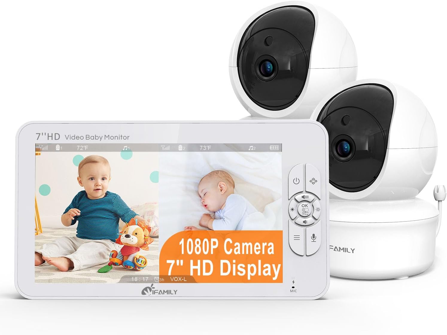 7" Large Split Baby Monitor with 2 HD Cameras and Audio, 1080P HD Video Baby Mon...