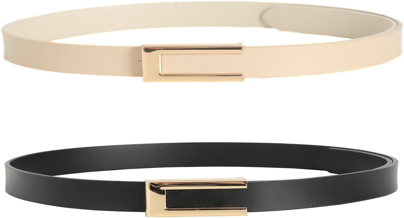 Womens Leather Belt Skinny Waist Belt for Dresses Jeans Pants with Gold Buckle X...