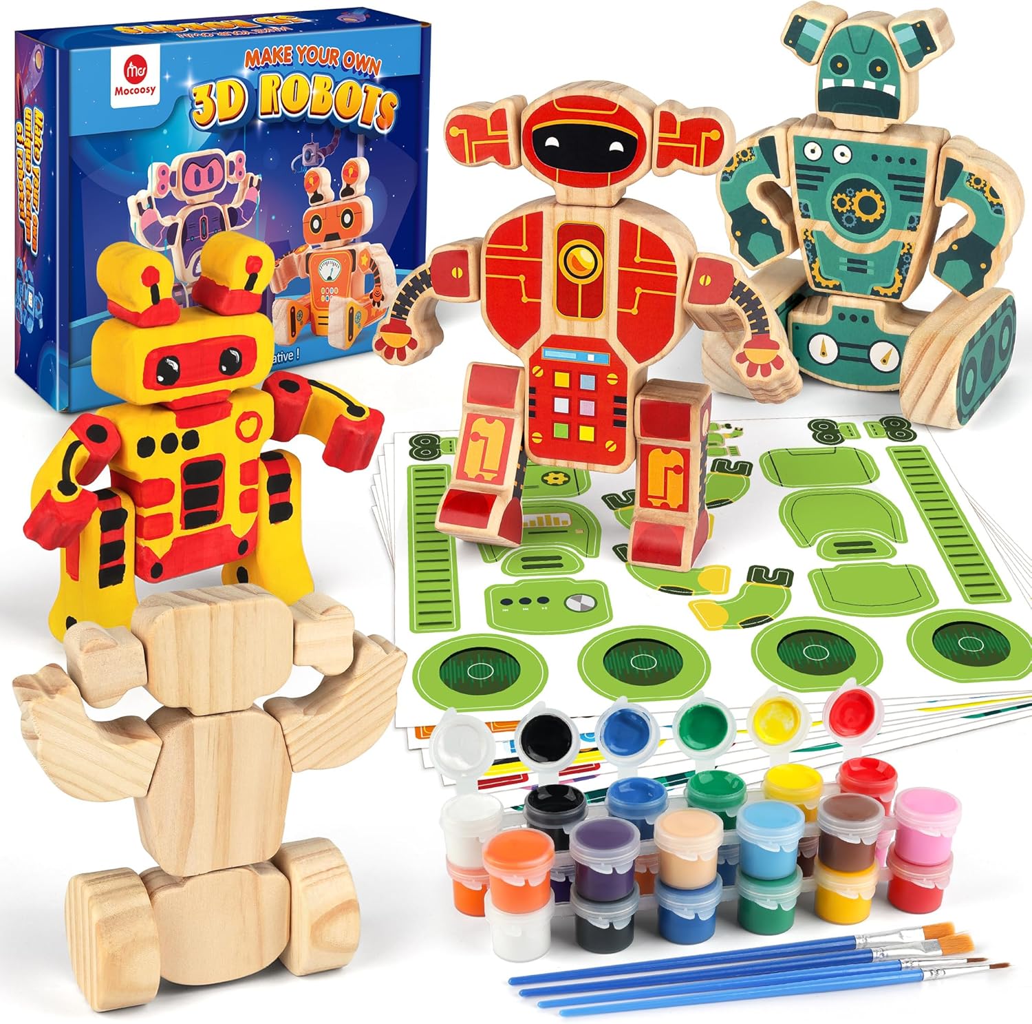 Mocoosy 4 Wooden Robot Toys for Kids Ages 3-5, Building & Painting Your Own Robo...