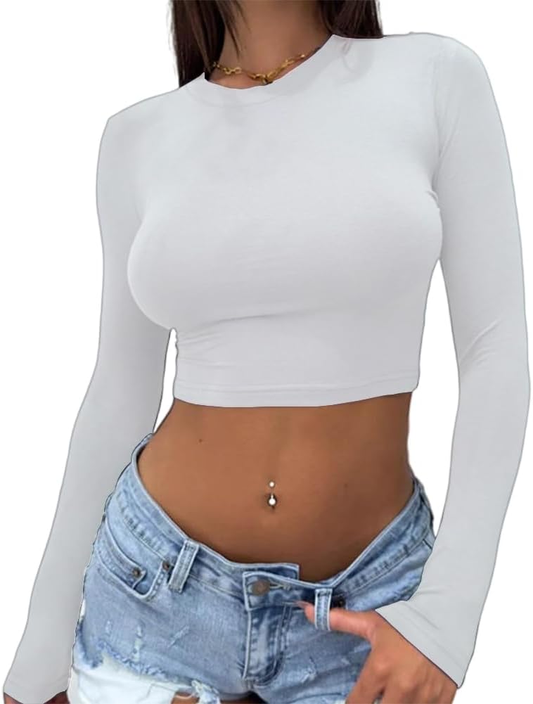 Abardsion Women's Sexy Long Sleeve Crop Top 2024 Crew Neck Basic Fitted Tight Cr...