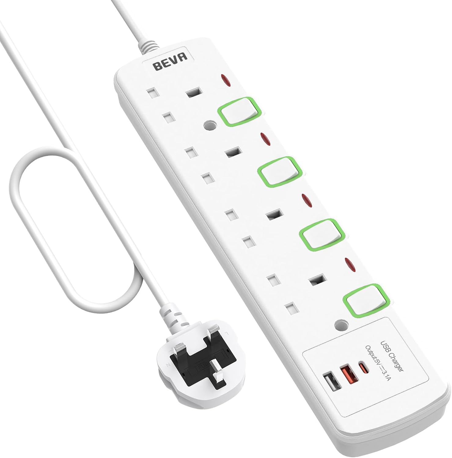 Extension Lead 3M with USB Slots, BEVA 4 Way Extension Socket With Individual Sw...