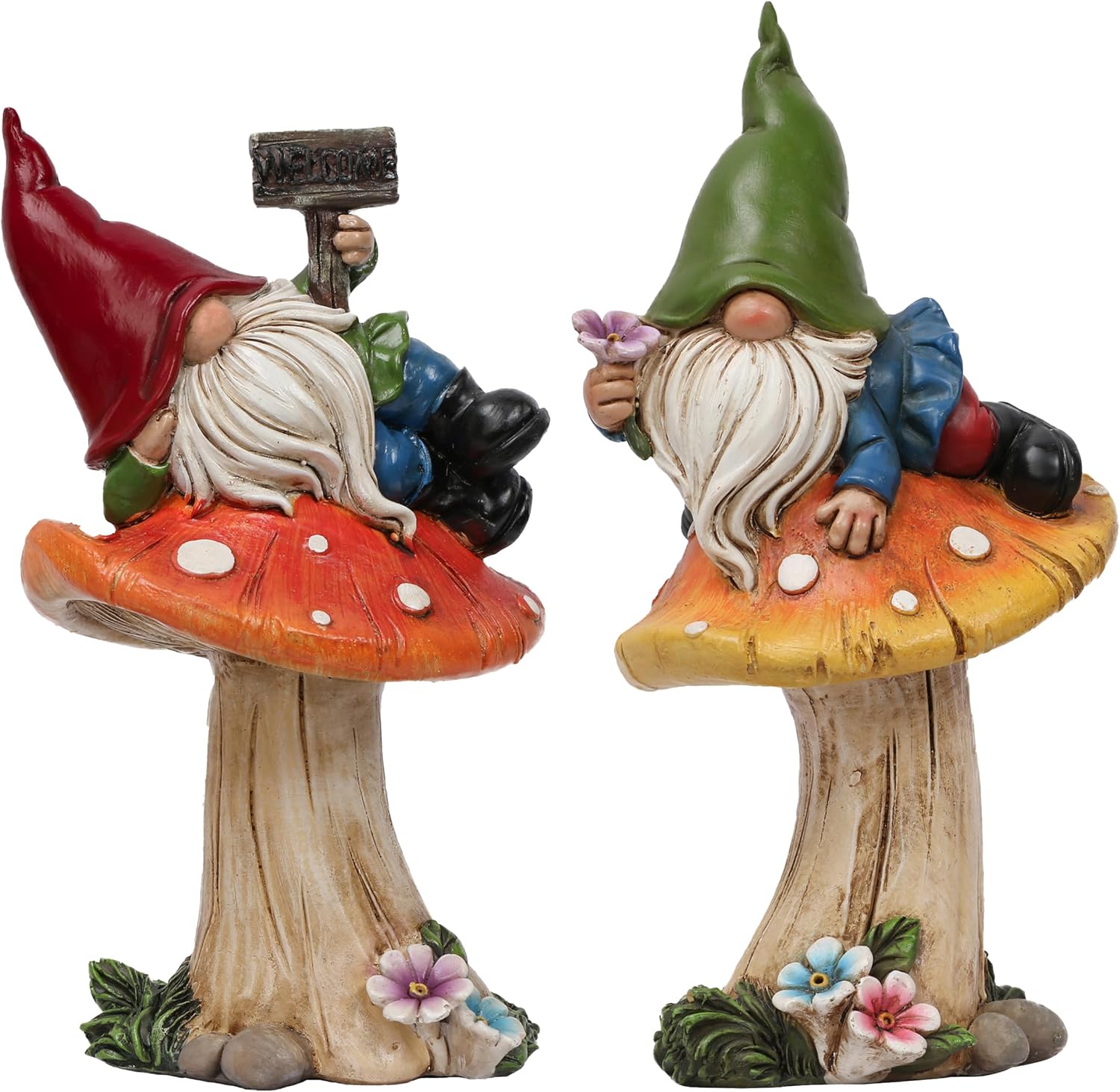 TERESA'S COLLECTIONS Resin Statues for Yard, Set of 2 Cute Garden Gnomes on Mush...