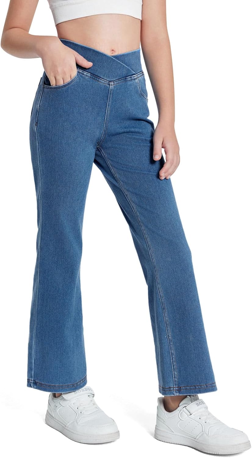 Haloumoning Girls Crossover Flare Jeans Stretchy Bootcut Yoga Pants Bell Bottoms...