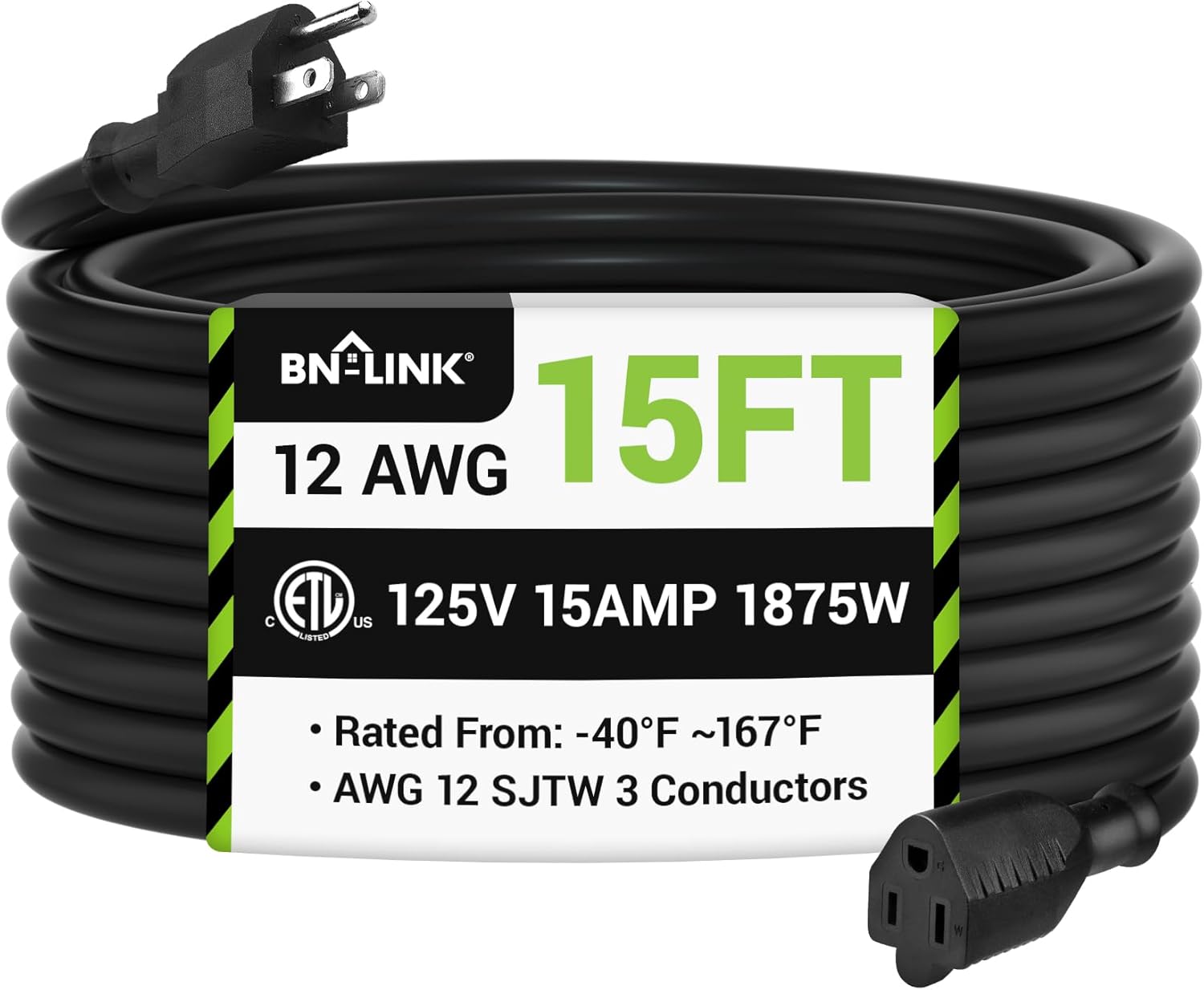 BN-LINK 15ft Outdoor Extension Cord, 15amps,12/3 SJTW Heavy Duty Power Cord, 3-P...