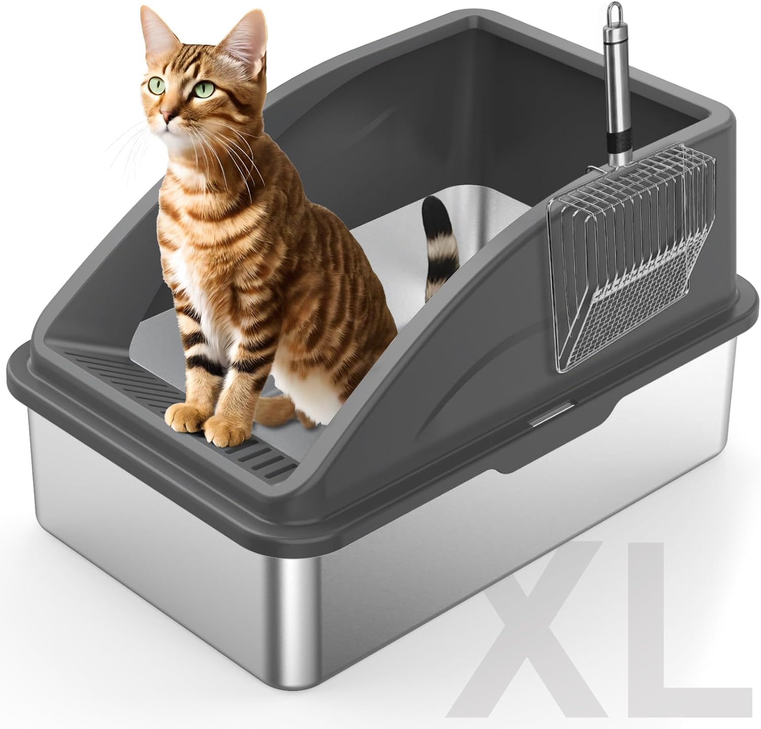FURTIME Stainless Steel Litter Box with Lid, XL Metal Cat Litter Box for Big Cat...