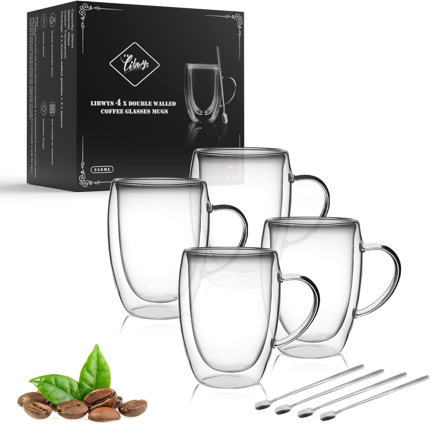 LIBWYS 4 Pack 350ml Double Walled Coffee Cups Glasses Mugs with 4 Spoons, Cappuc...