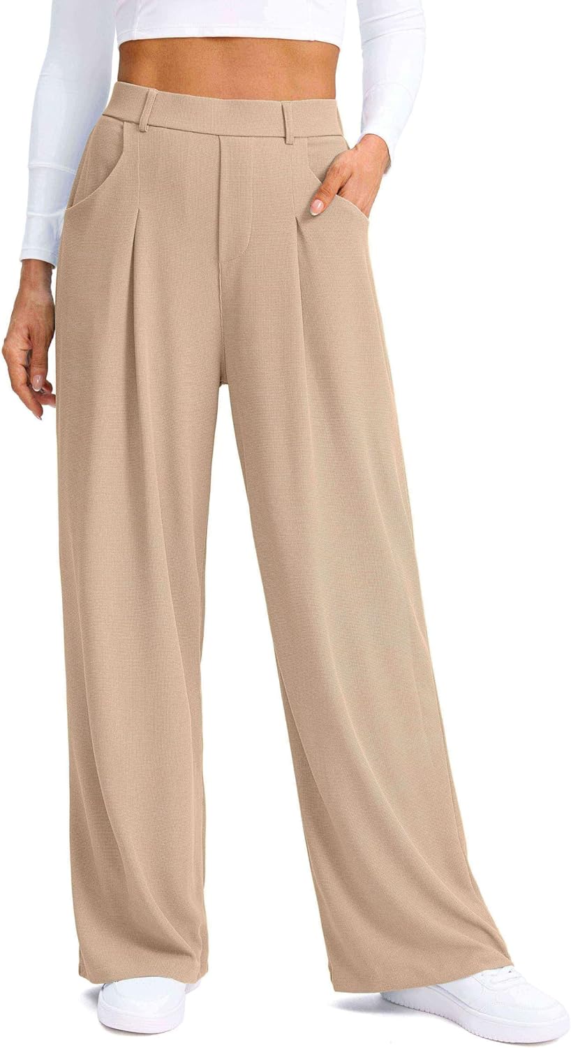 SANTINY Wide Leg Pants Woman Elastic High Waisted Waffle Knit Slacks Business Ca...