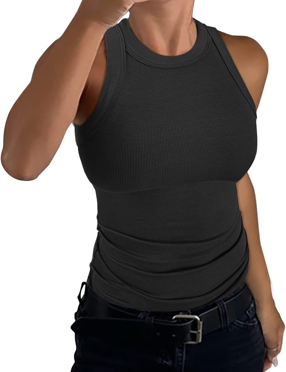 GEMBERA Womens Sleeveless Racerback High Neck Casual Basic Cotton Ribbed Fitted...