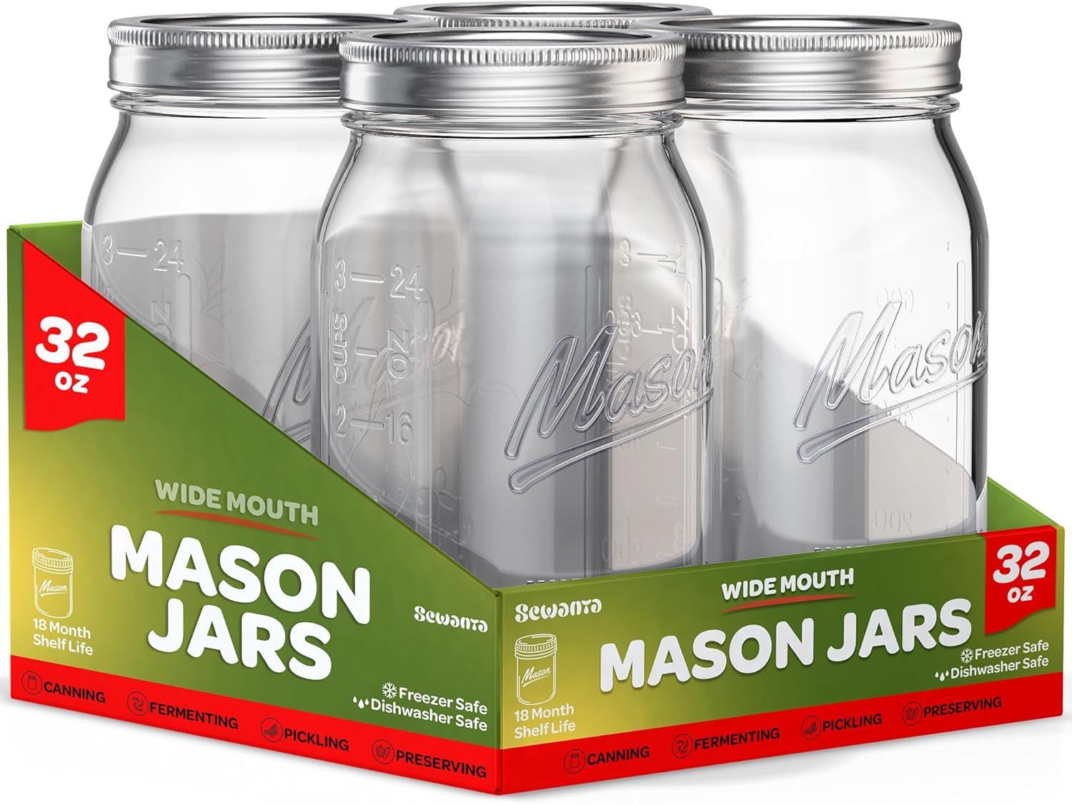 SEWANTA Wide Mouth Mason Jars 32 oz [4 Pack] With Mason Jar Lids and Bands, Maso...