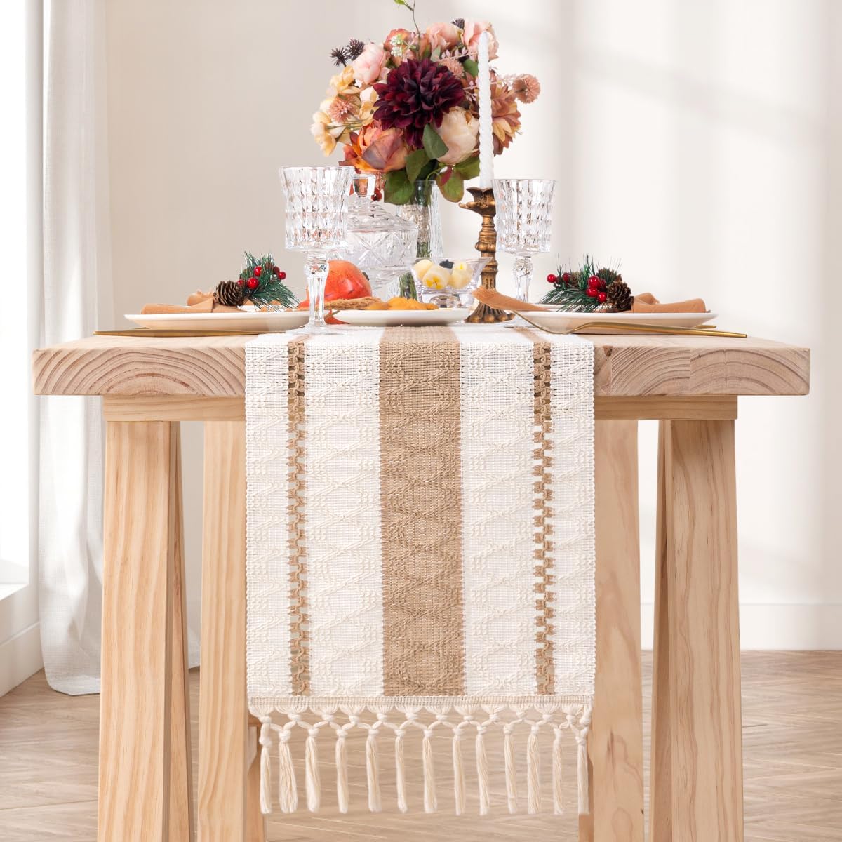 Macrame Table Runner 12 x 90 Inches Boho Farmhouse Table Runner with Tassels Cot...
