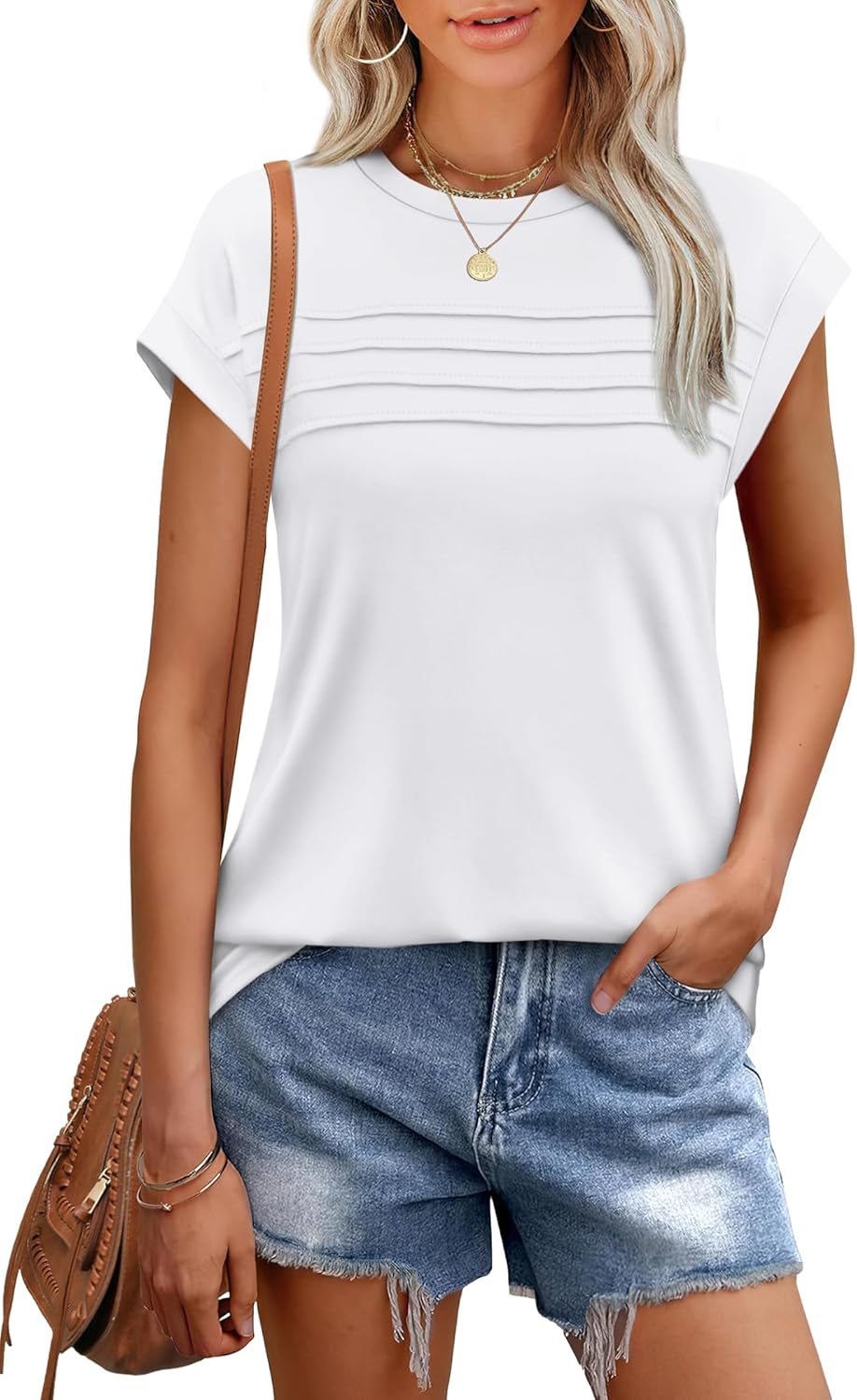 WEESO Womens Summer Tops Trendy 2025 Cap Sleeve T Shirts Crew Neck Pleated Front...