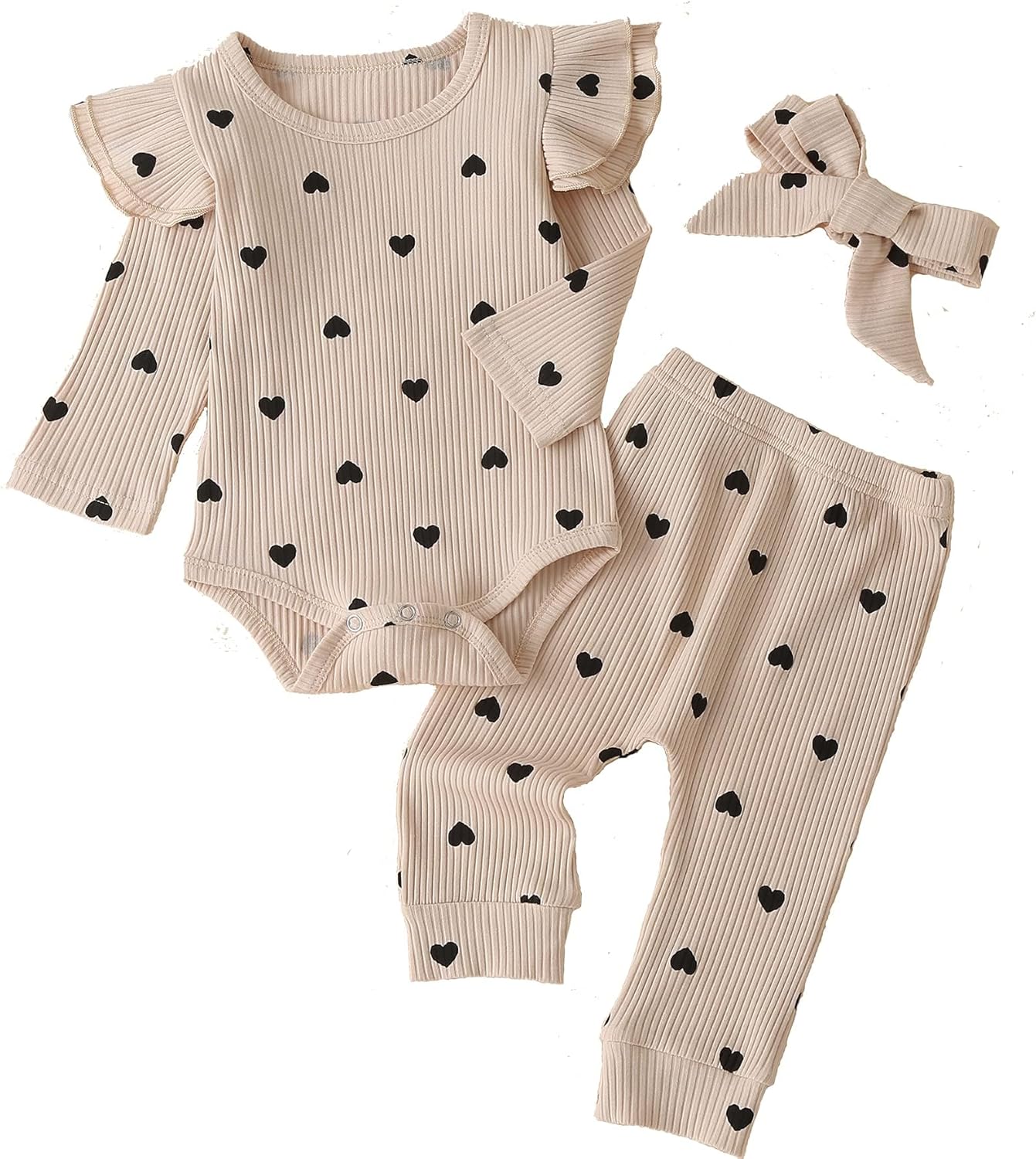Fullfamous Baby Girl's 3pc Rib Frill Long Sleeve Romper and Pant Set 3-6 Months...