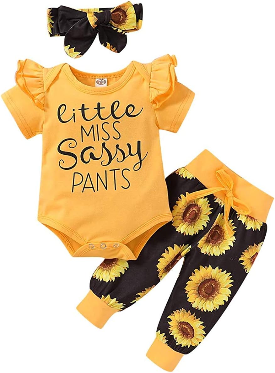 Yvowming Newborn Baby Girl Clothes Infant Baby Ruffle Romper +Pants + Headband 3...