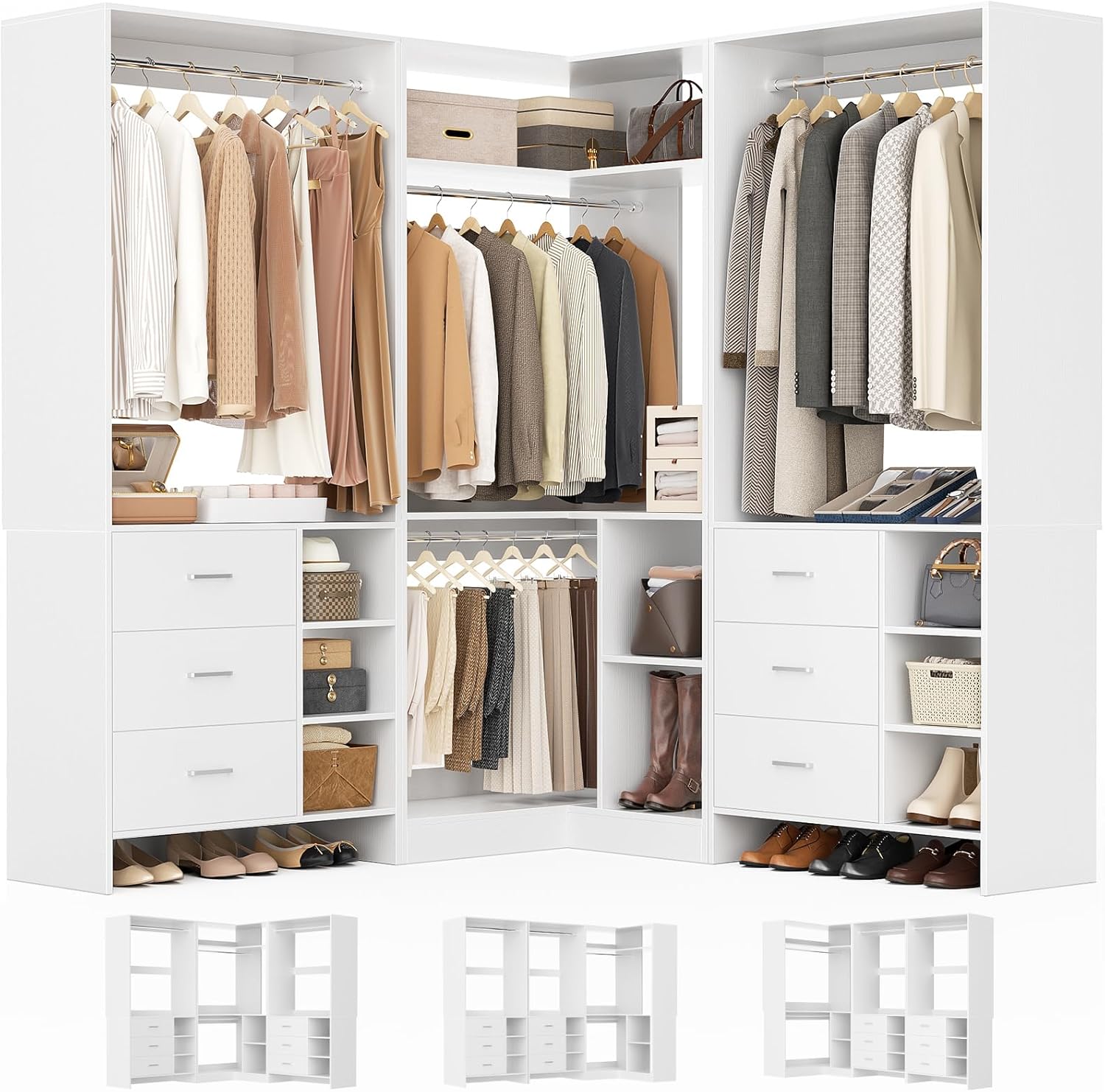 Aheaplus Closet System with 6 Drawers, 4 Hanging Rods & Corner Tower, Corner Clo...