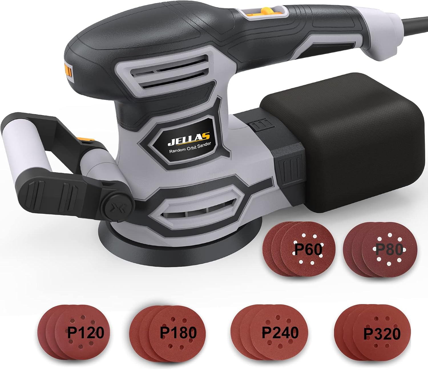 3.8A(450W) Orbital Sander, Jellas 6 Variable Speeds Double Handle Random Orbit S...