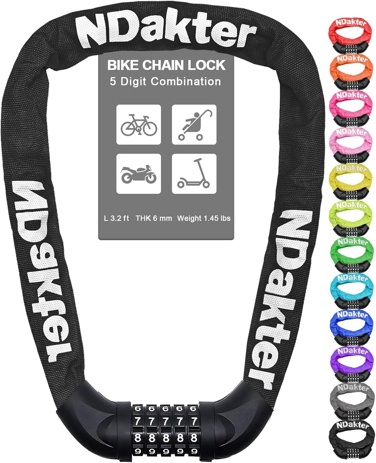 NDakter Bike Chain Lock, 5 Digit Combination Heavy Duty Anti Theft Bicycle Chain...