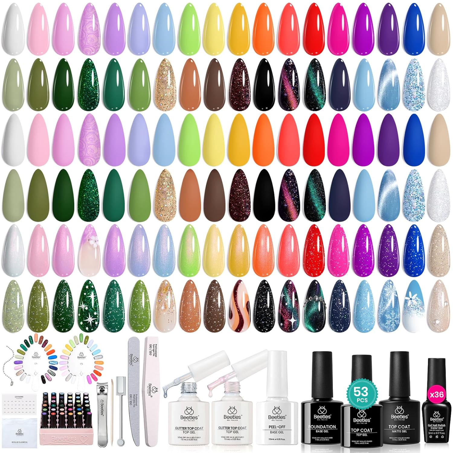 Beetles Spring Gel Nail Polish Set, 53pcs Gel Polish Kit, 36 Colors Green Red Or...