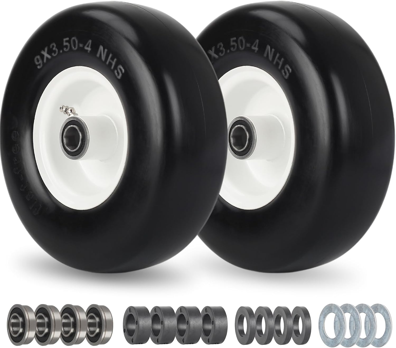 9x3.50-4 Flat Free Lawn Mower Tire and Wheel, Smooth Tread Tire for Zero Turn Mo...