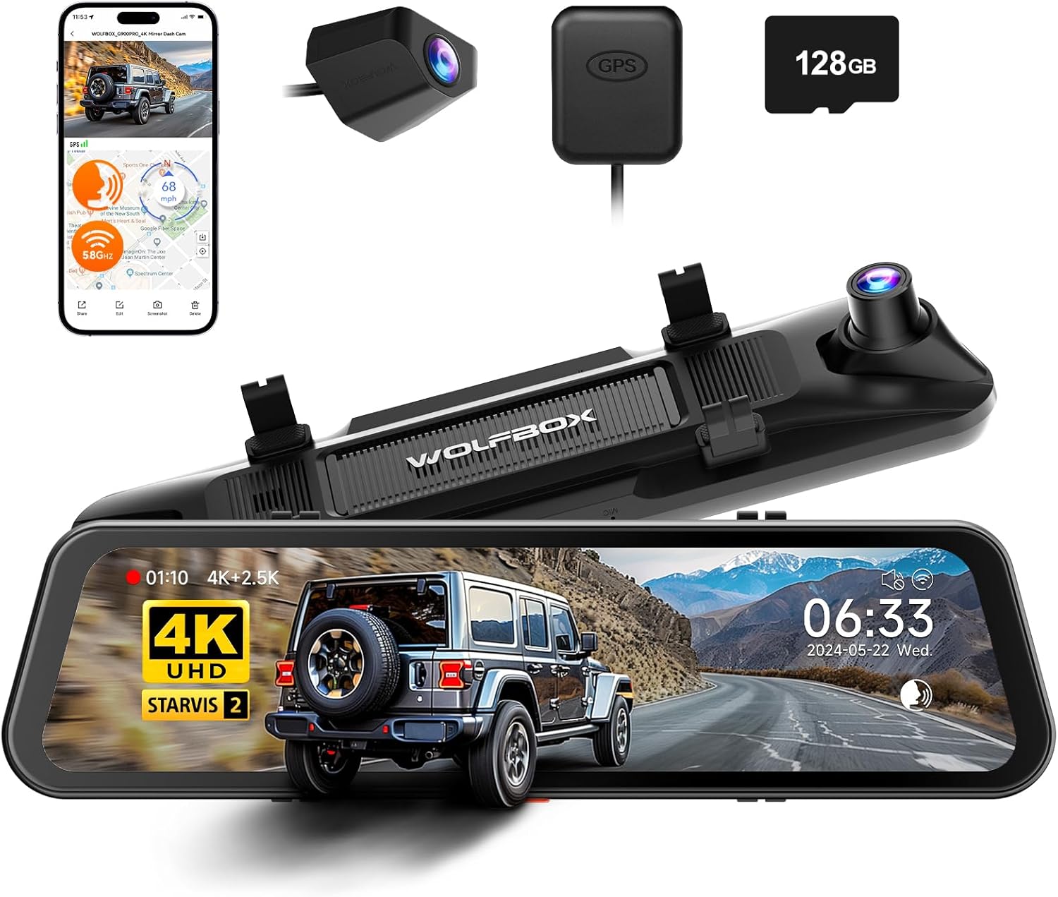 WOLFBOX G900 PRO Mirror Dash Cam with STARVIS 2 IMX678, 12 inches Rear View Mirr...