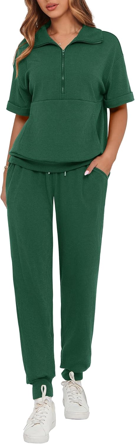 BTFBM Women's Summer 2 Piece Outfits Short Sleeve Half Zip Sweatshirt Jogger Swe...