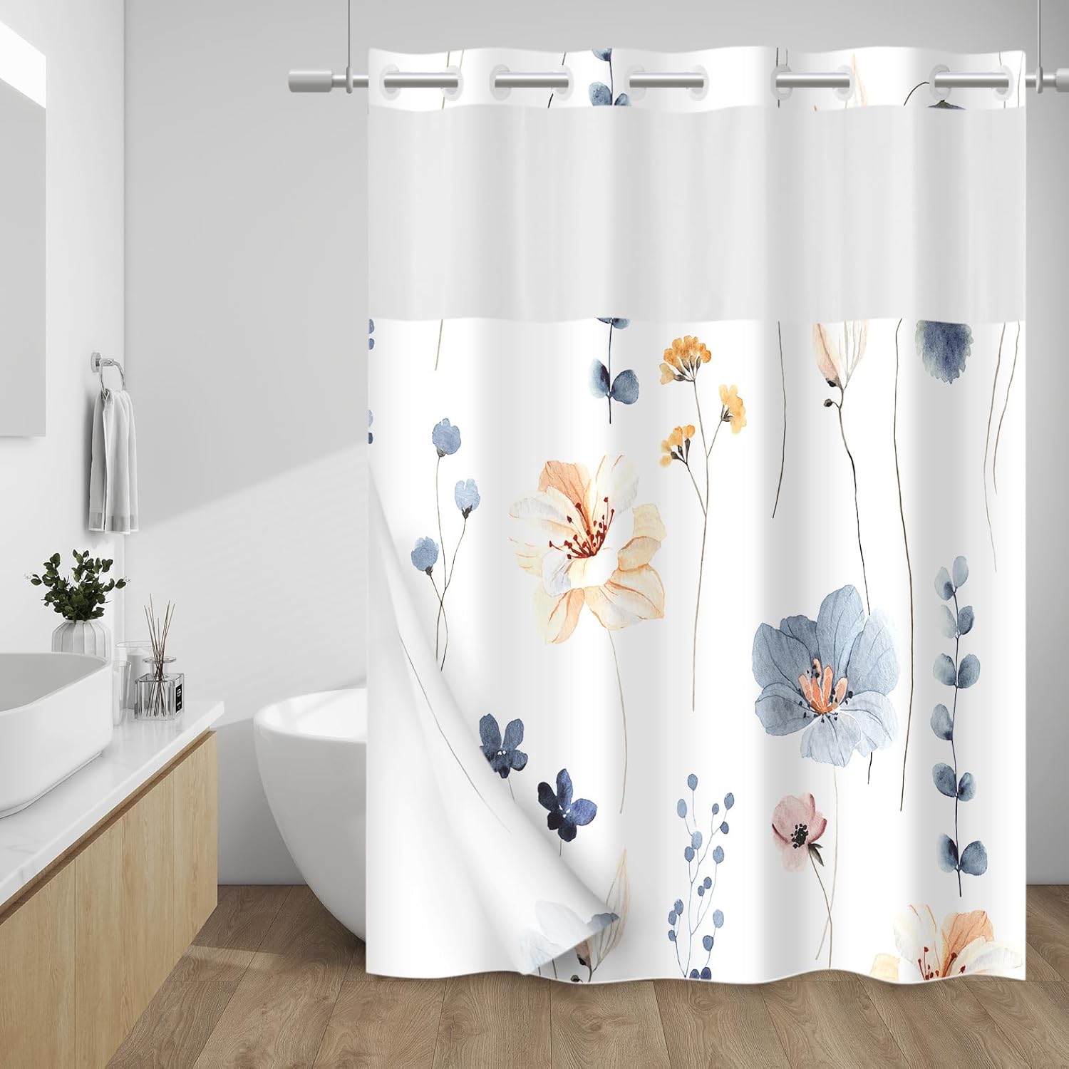 No Hook Shower Curtain with Snap in Liner - Watercolor Floral Shower Curtain - F...