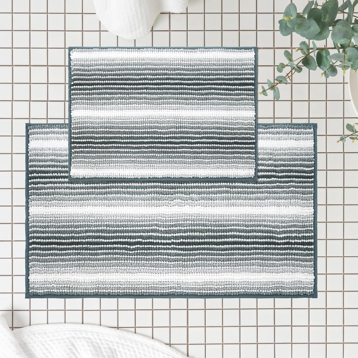 FRESHMINT Ombre Chenille Bathroom Rugs Set 2 Piece 17"x24"+20"x32", Striped Abso...