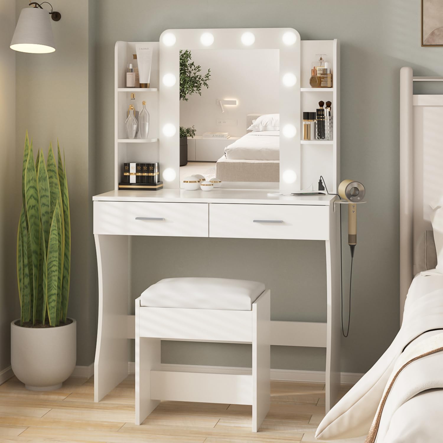 Vanity Desk with Lights,Makeup Vanity with Power Strip,Dressing Table Set with 2...