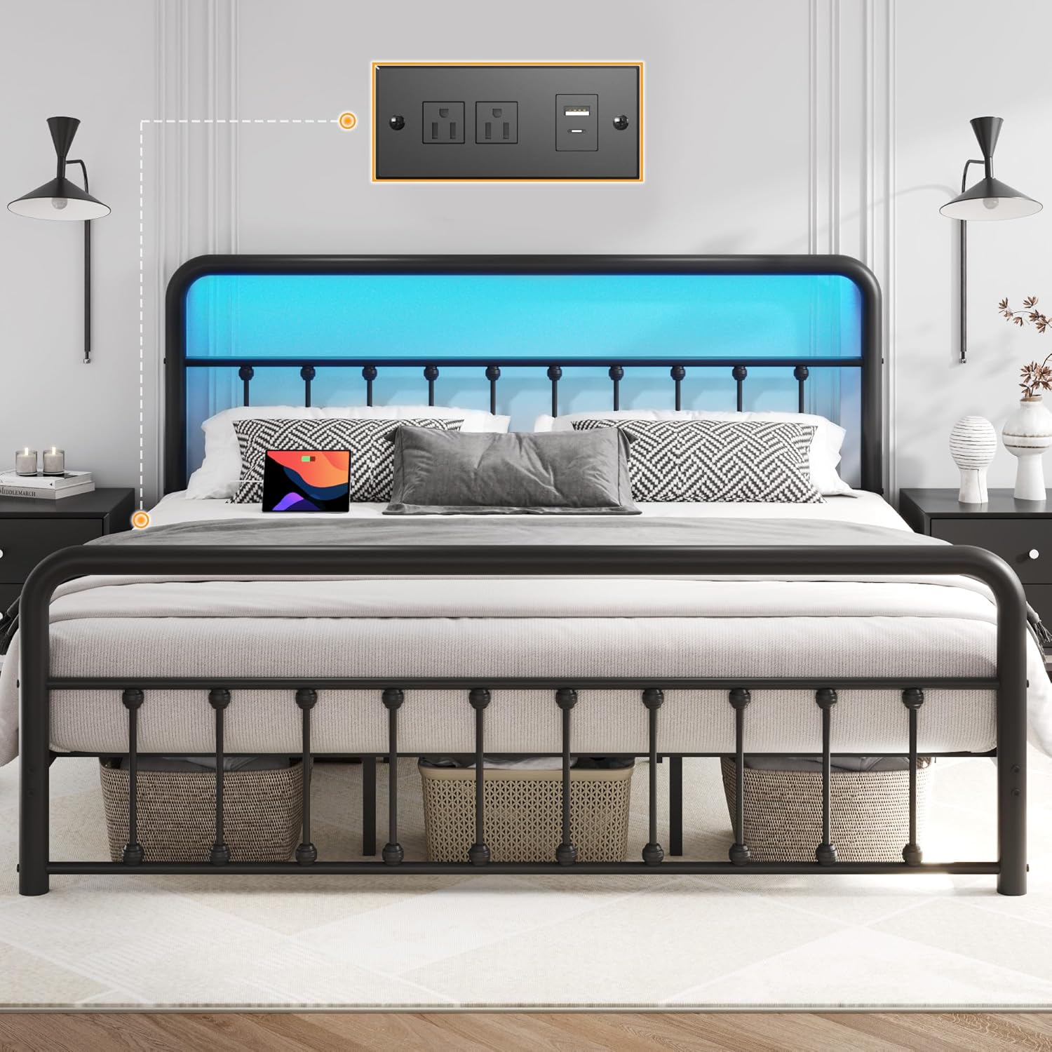 King Bed Frame Classic Metal Platform Bed Frame with Charging Station & LED, Vic...