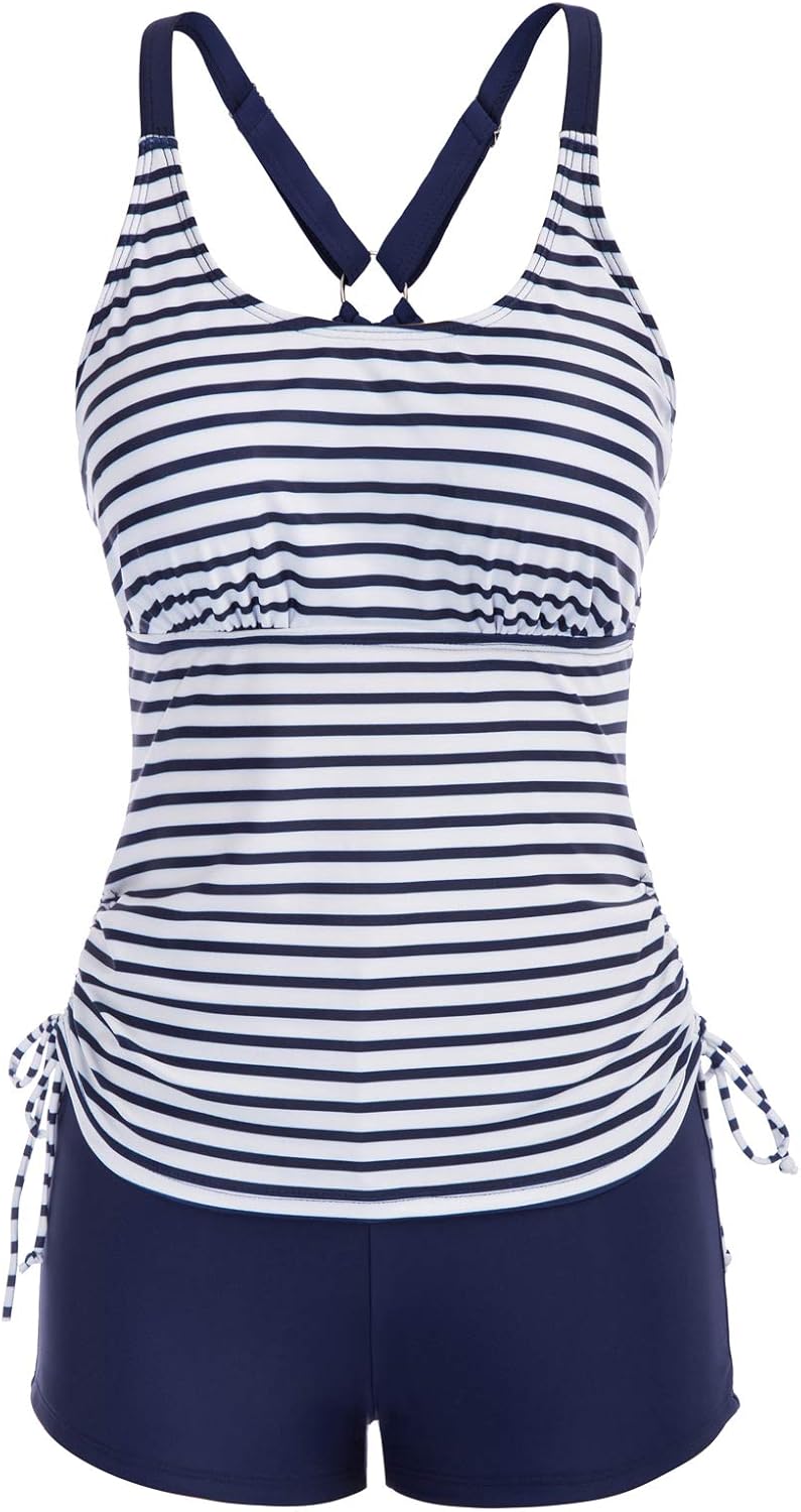 JASAMBAC Women's Strappy Tankini Swimsuits Drawstring Bathing Suits Two Piece Fl...
