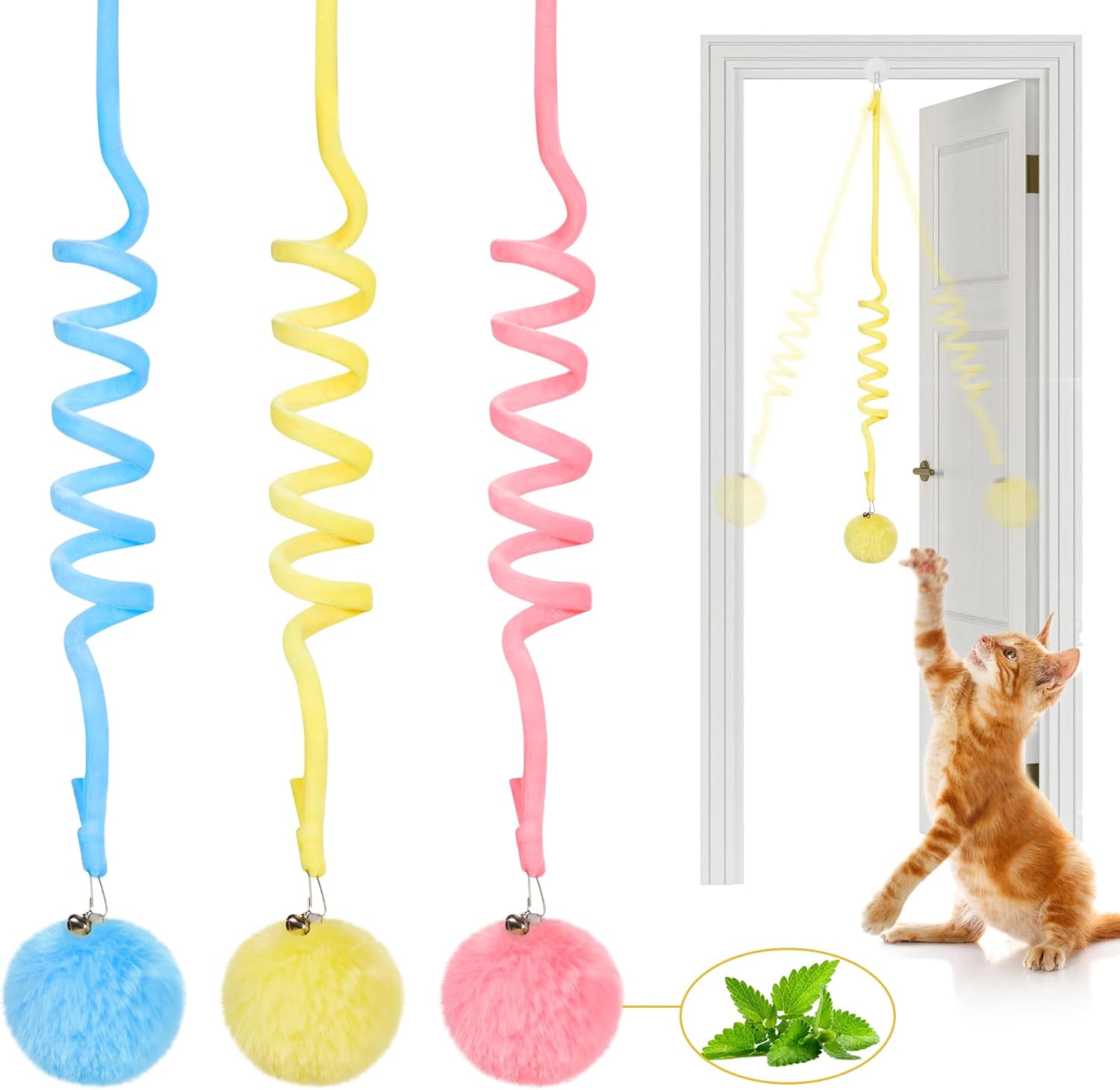 Potaroma Hanging Fluffy Cat Catnip Ball Toys 3 Pcs with Bell, Interactive Cat Te...