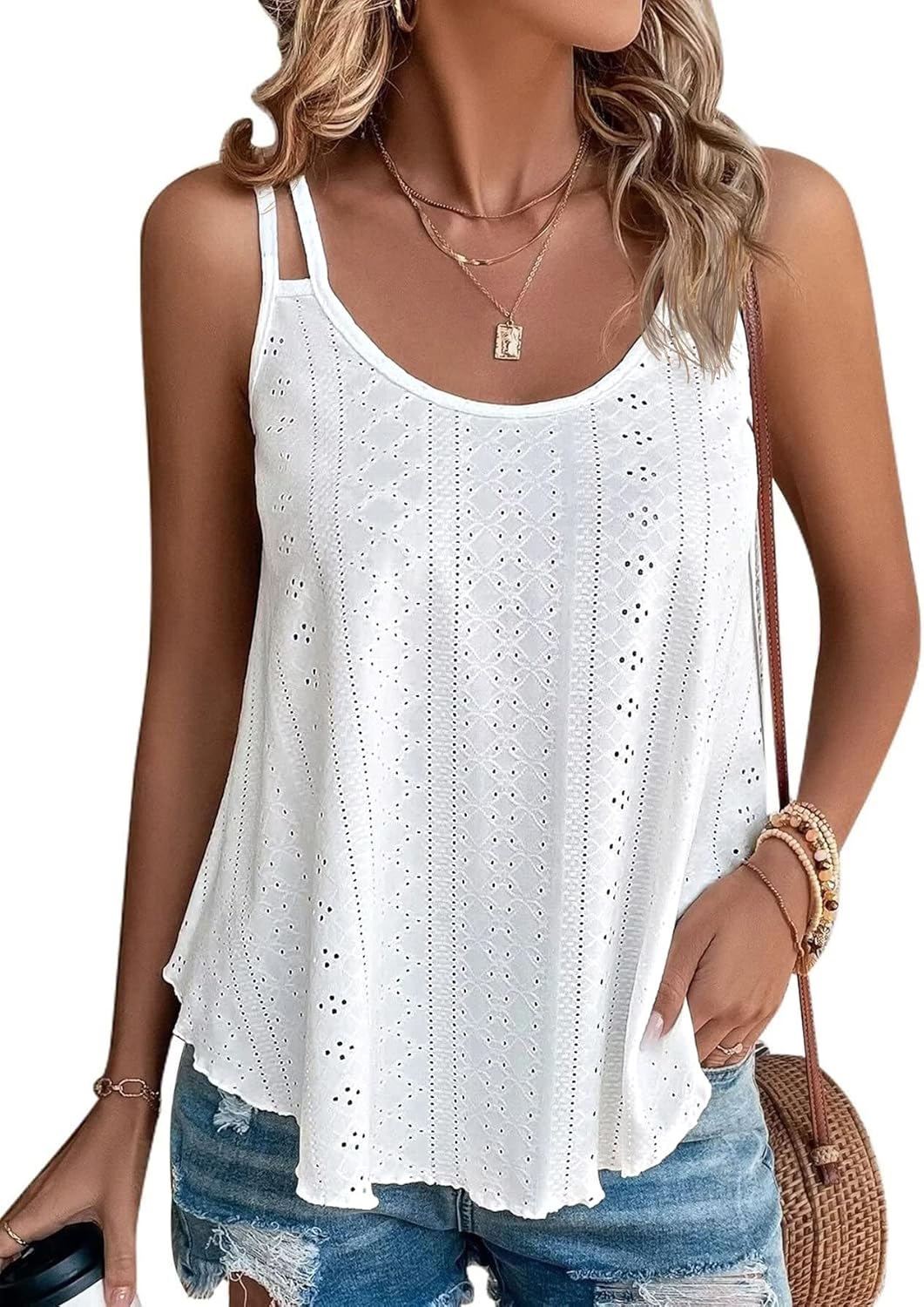 ATHMILE Women's Tank Tops Eyelet Embroidery Sleeveless Spaghetti Strap Tops Scoo...