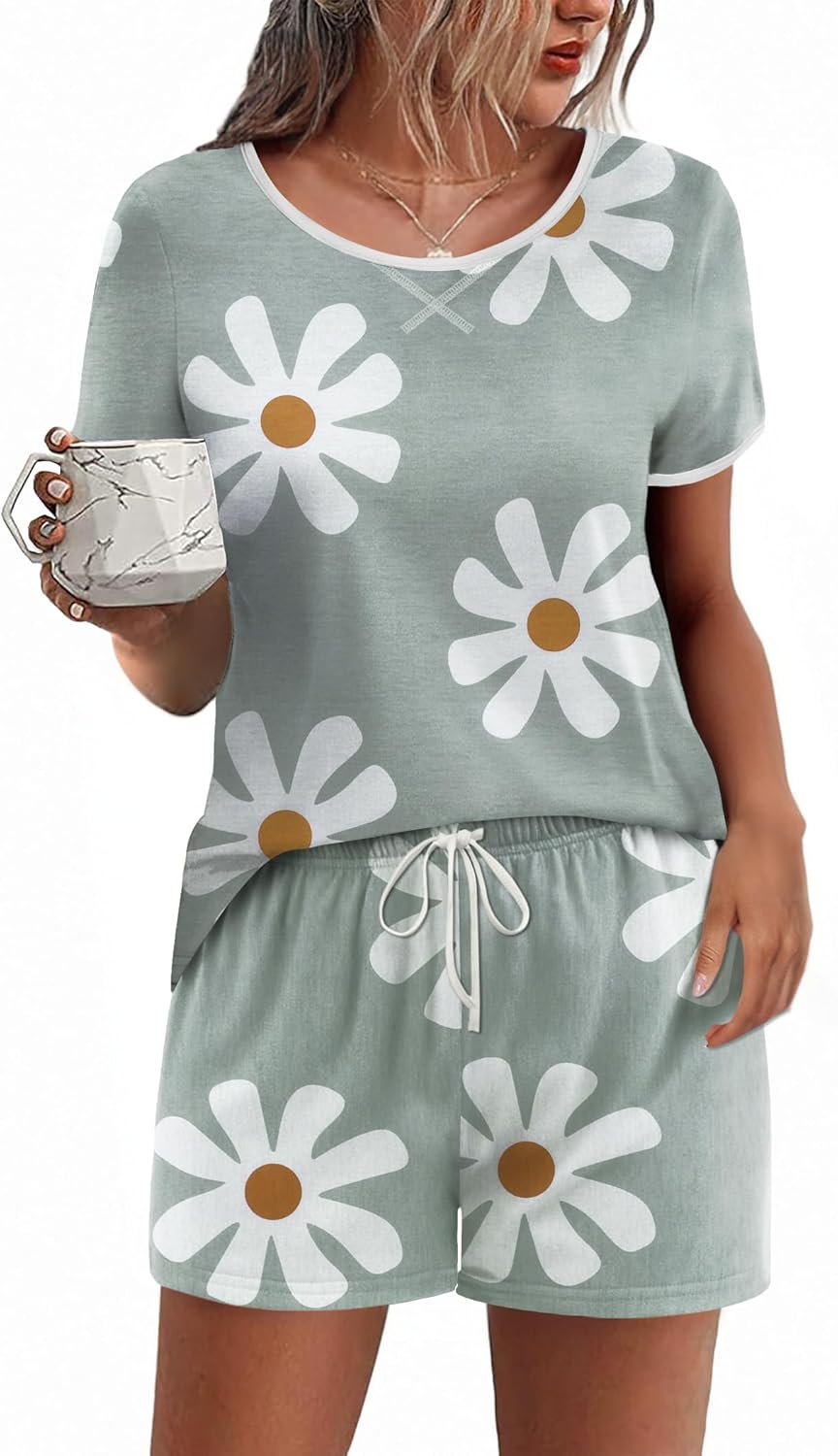 Ekouaer Women Pajama Set Casual Short Set Grey and White Flowers X-Large