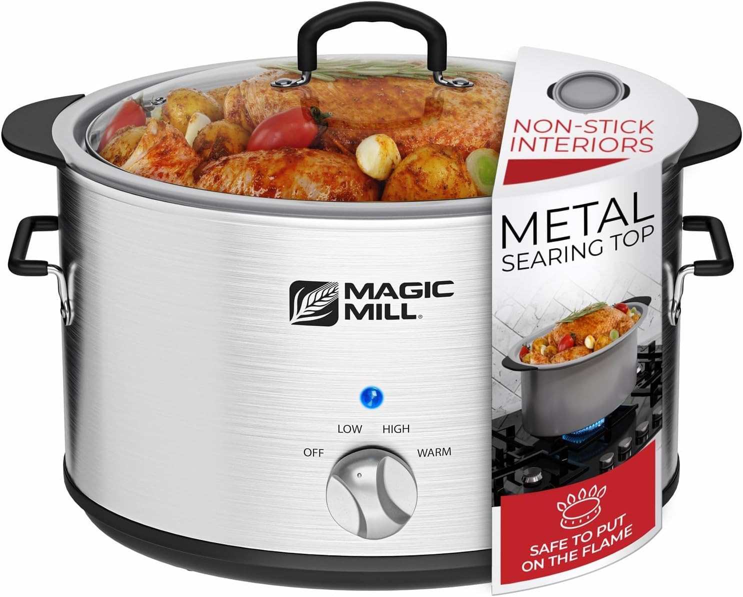 Magic Mill Slow Cooker 10 Quart | Extra Large Non-Stick Metal Searing Pot & Tran...
