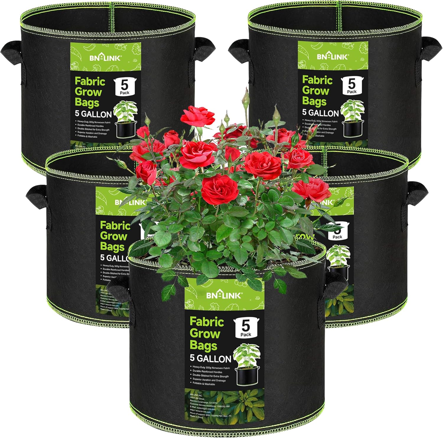BN-LINK 5-Pack 5 Grow Bags 300G Thickened Nonwoven Plant Fabric Pots with Handle...