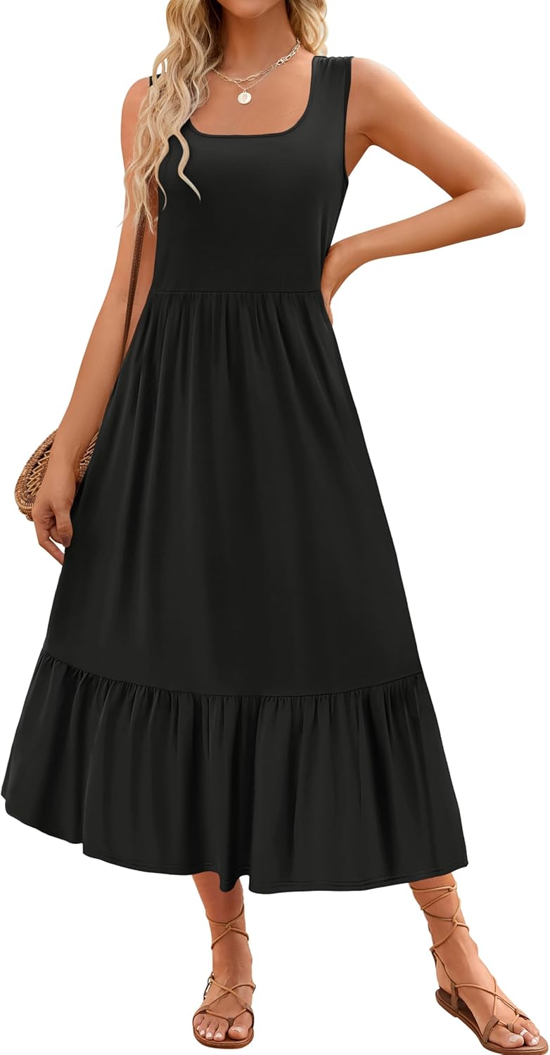 ZESICA Women's 2025 Summer Sleeveless Dress Square Neck Pleated Swing Casual Max...