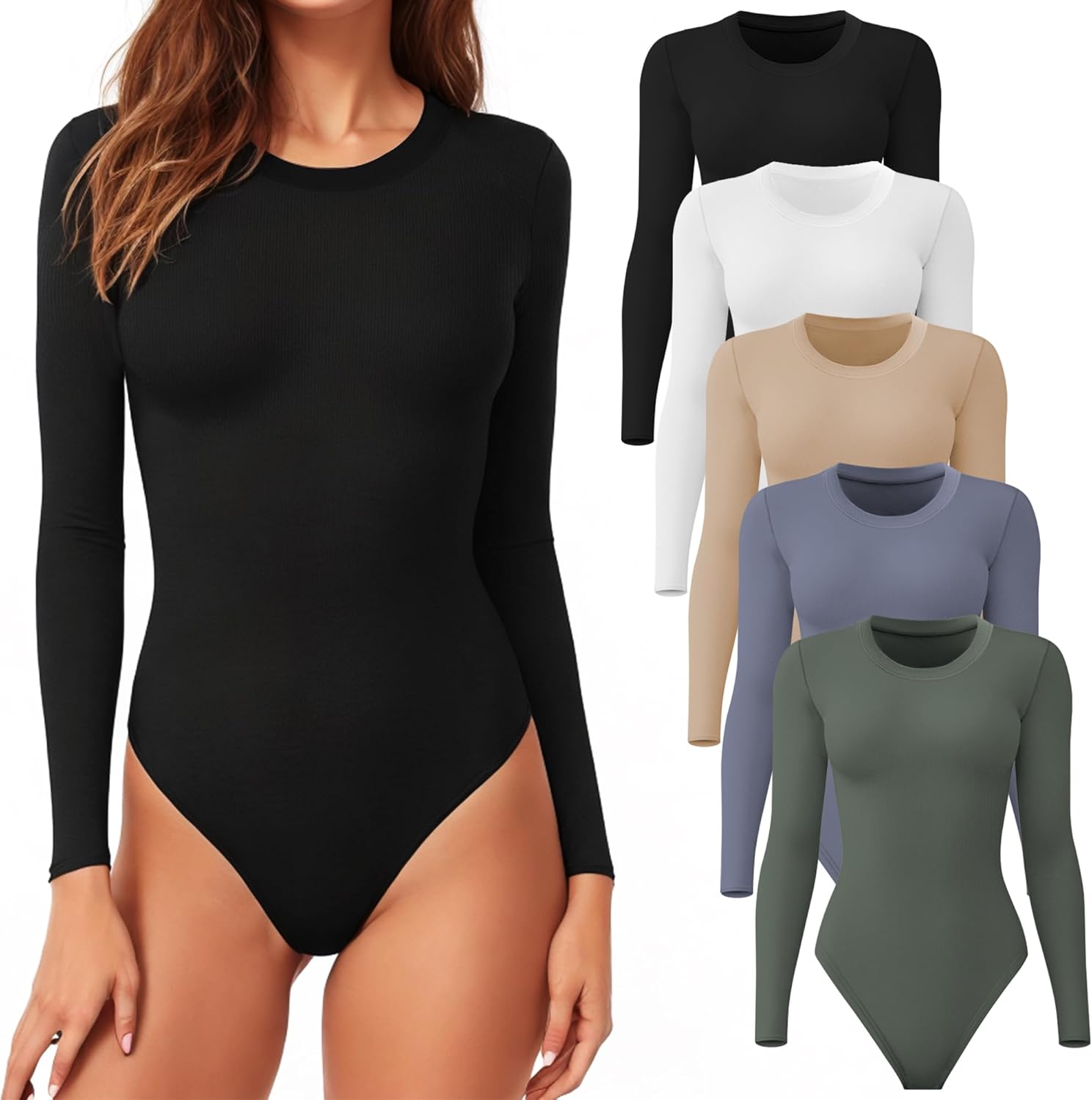 CE' CERDR 4/5 Pack Long Sleeve Bodysuit for Women Round Neck Casual Stretchy Bas...