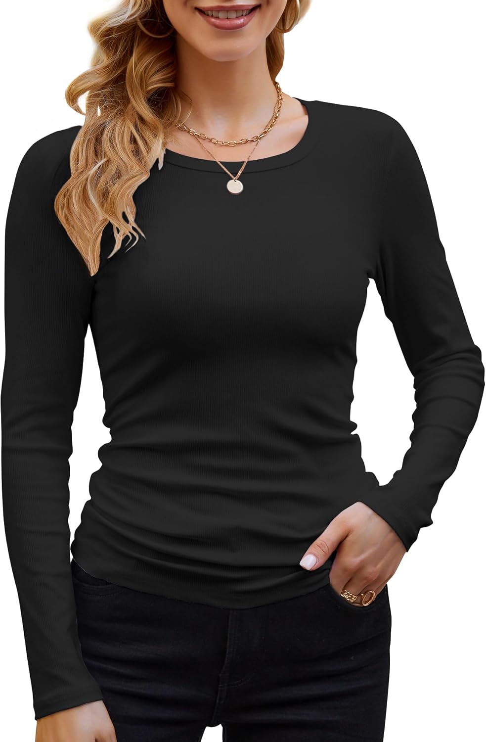 GEMBERA Womens Ribbed Long Sleeve Crewneck Casual Slim Basic Shirts Fitted Knit...