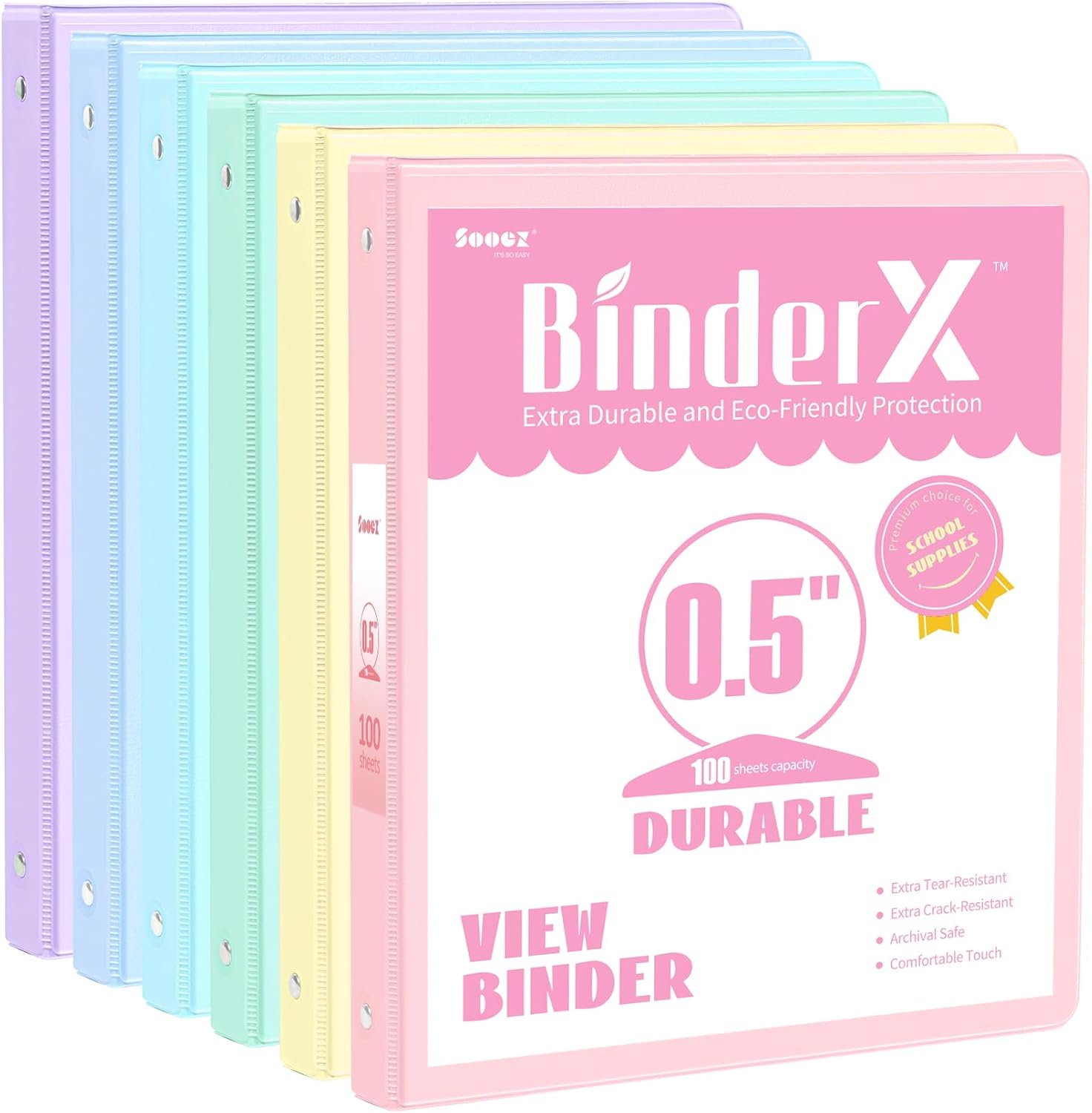 6 Pack Extra Durable 3 Ring Binders 0.5 inch, Sooez 1/2 Three Round Ring Binders...