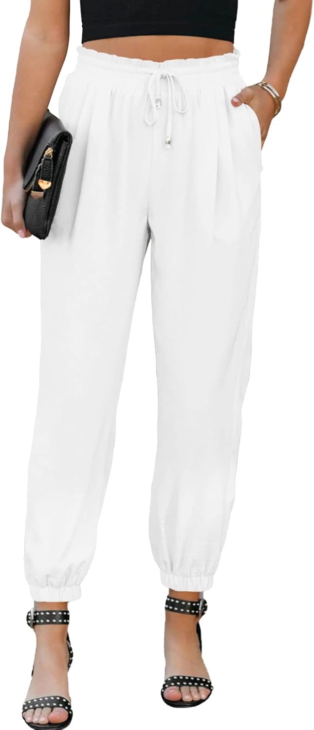 EVALESS Womens 2025 Summer Casual Pants Drawstring Elastic High Waisted Work Tro...
