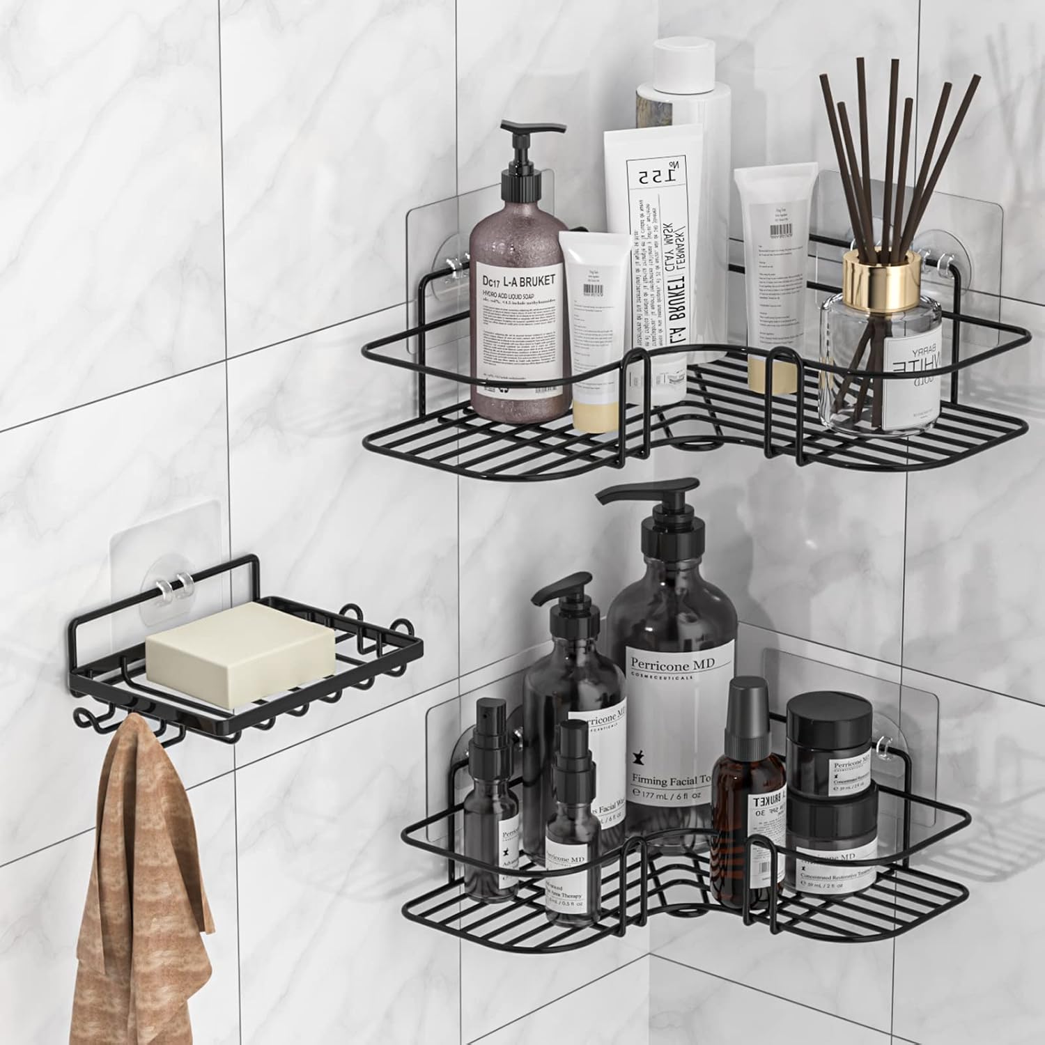 Corner Shower Caddy, 3 Pack Bathroom Shelves with Soap Razor Holder, No Drilling...