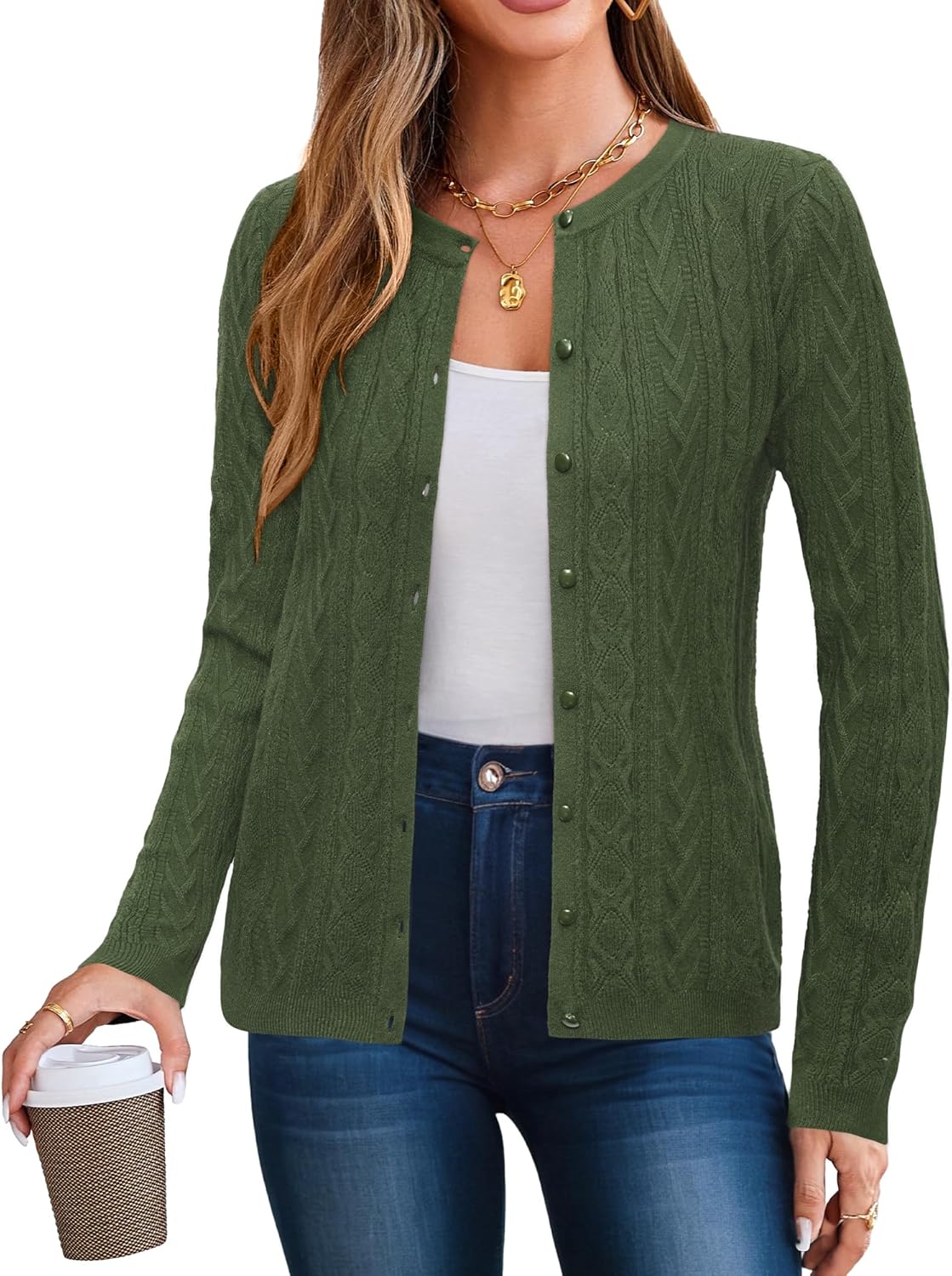 Arach&Cloz Womens 2025 Cable Knit Cardigan Long Sleeve Button Down Casual Sweate...