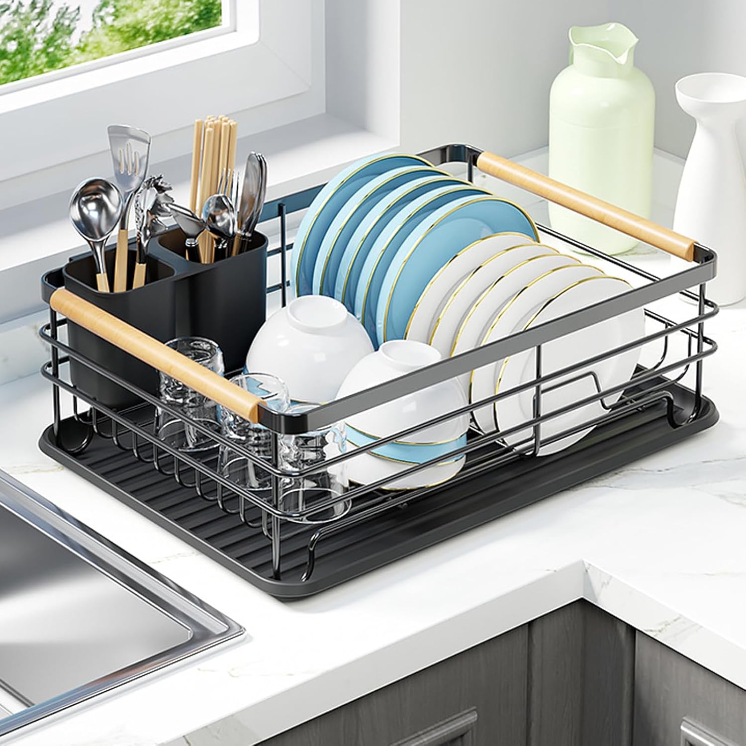 Warmiehomy Black Dish Drainer Rack Dish Drying Rack Dish Rack with Removable Dri...