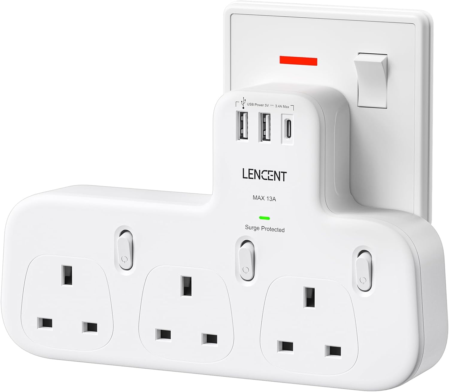 LENCENT 3 Way Plug Extension with 1 USB C and 2 US...