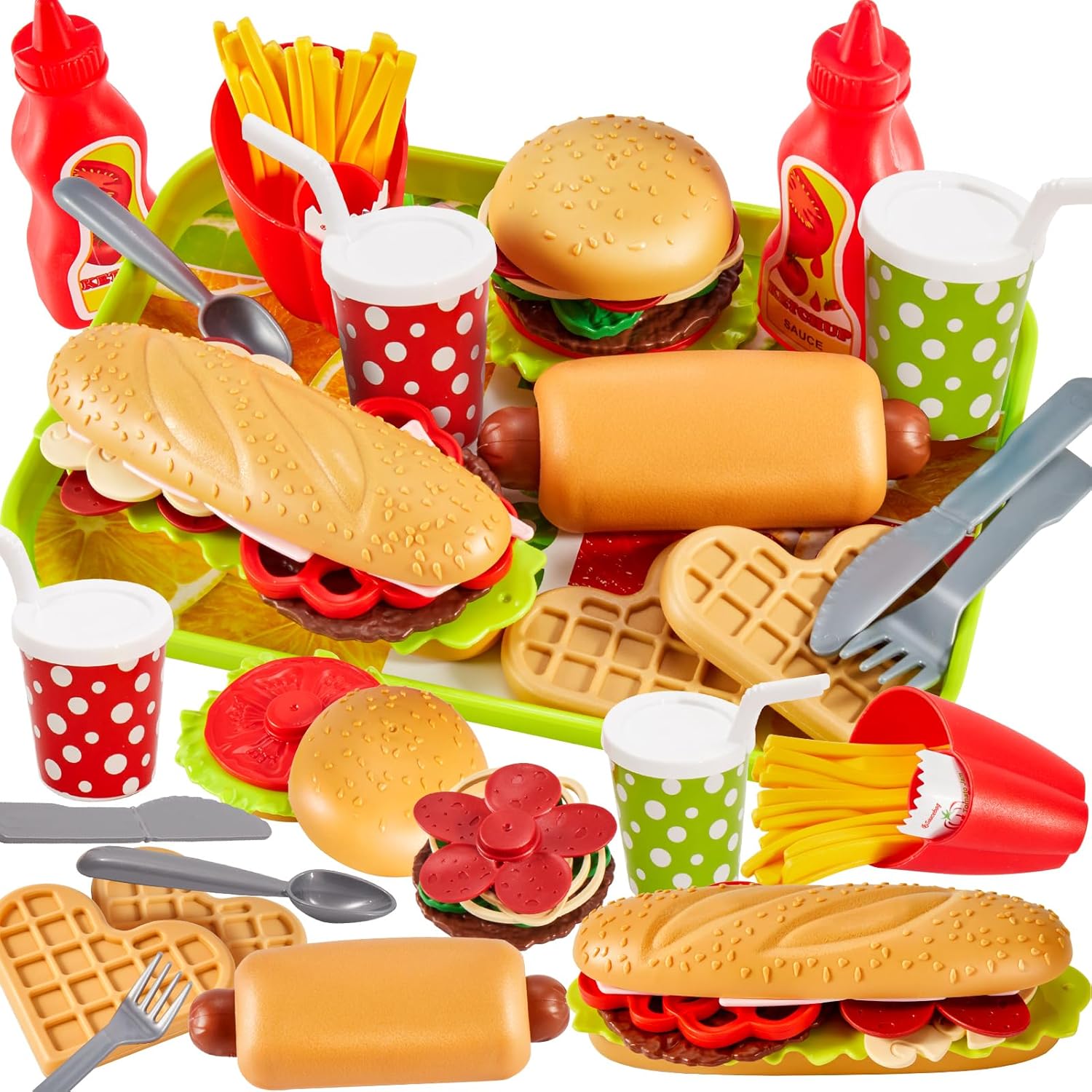 BUYGER Pretend Play Food Sets for Children Kitchen, Plastic Take Apart Toys Hamb...
