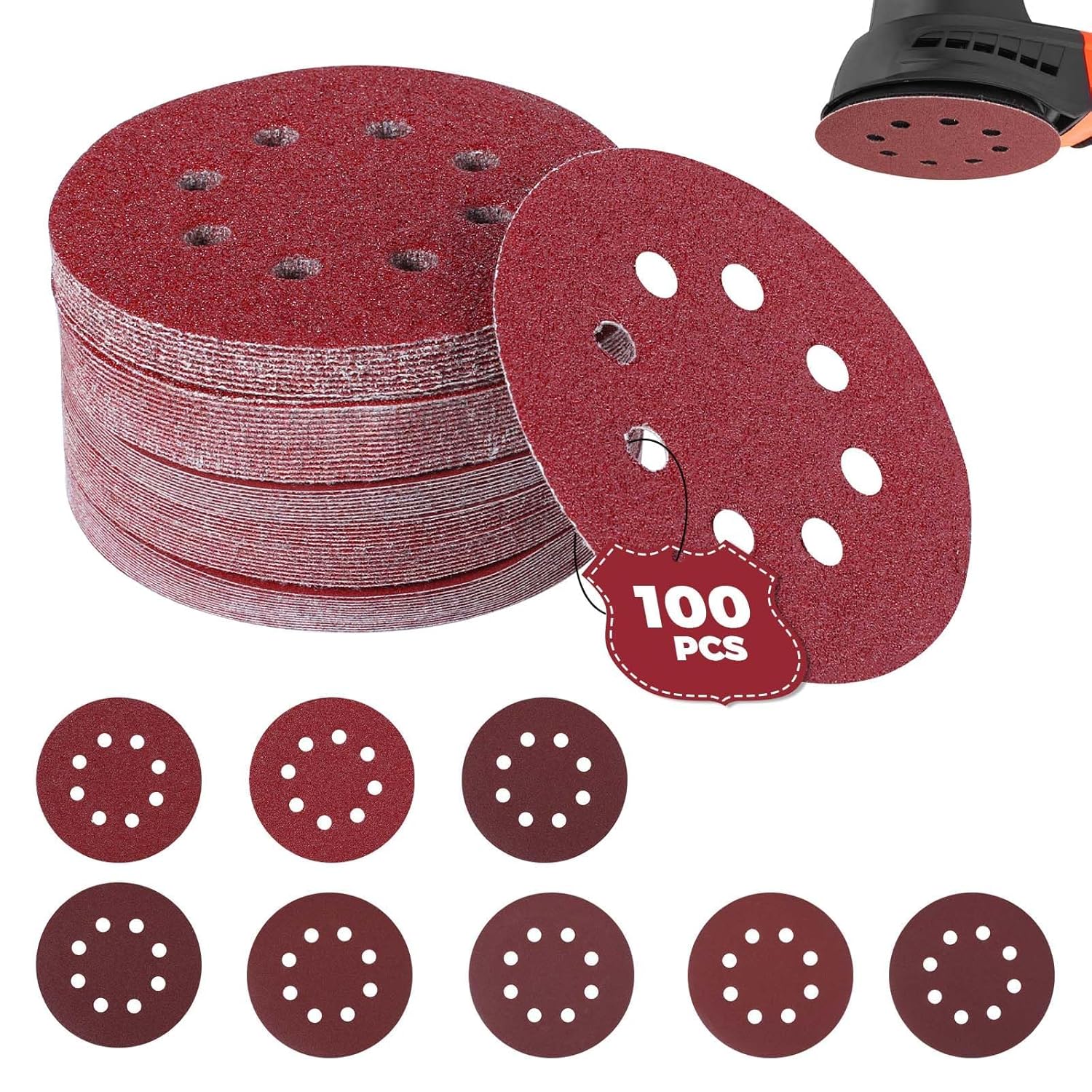 125mm Sanding Discs,100Pcs Orbital Sander Discs Hook and Loop Sanding Pads for R...