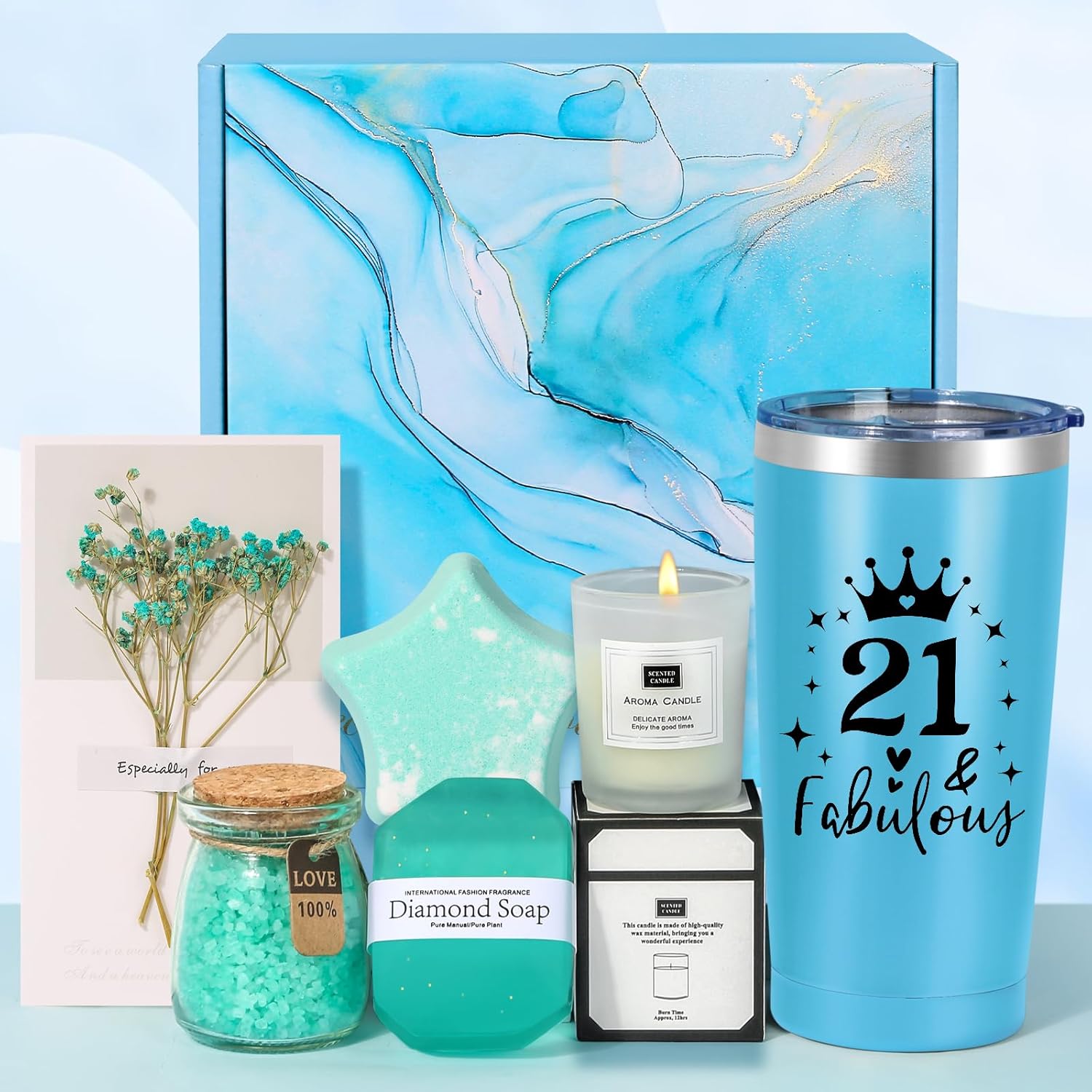 21st Birthday Gifts for Her, Unique Blue Self Care Package Relaxation Spa Bath S...