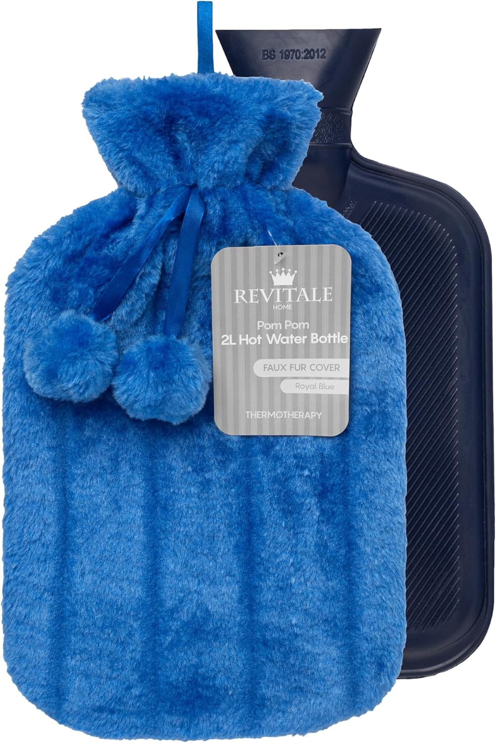 Revitale Luxury Cosy Faux Fur Pom Pom Hot Water Bottle - 2 Litre (Royal Blue)