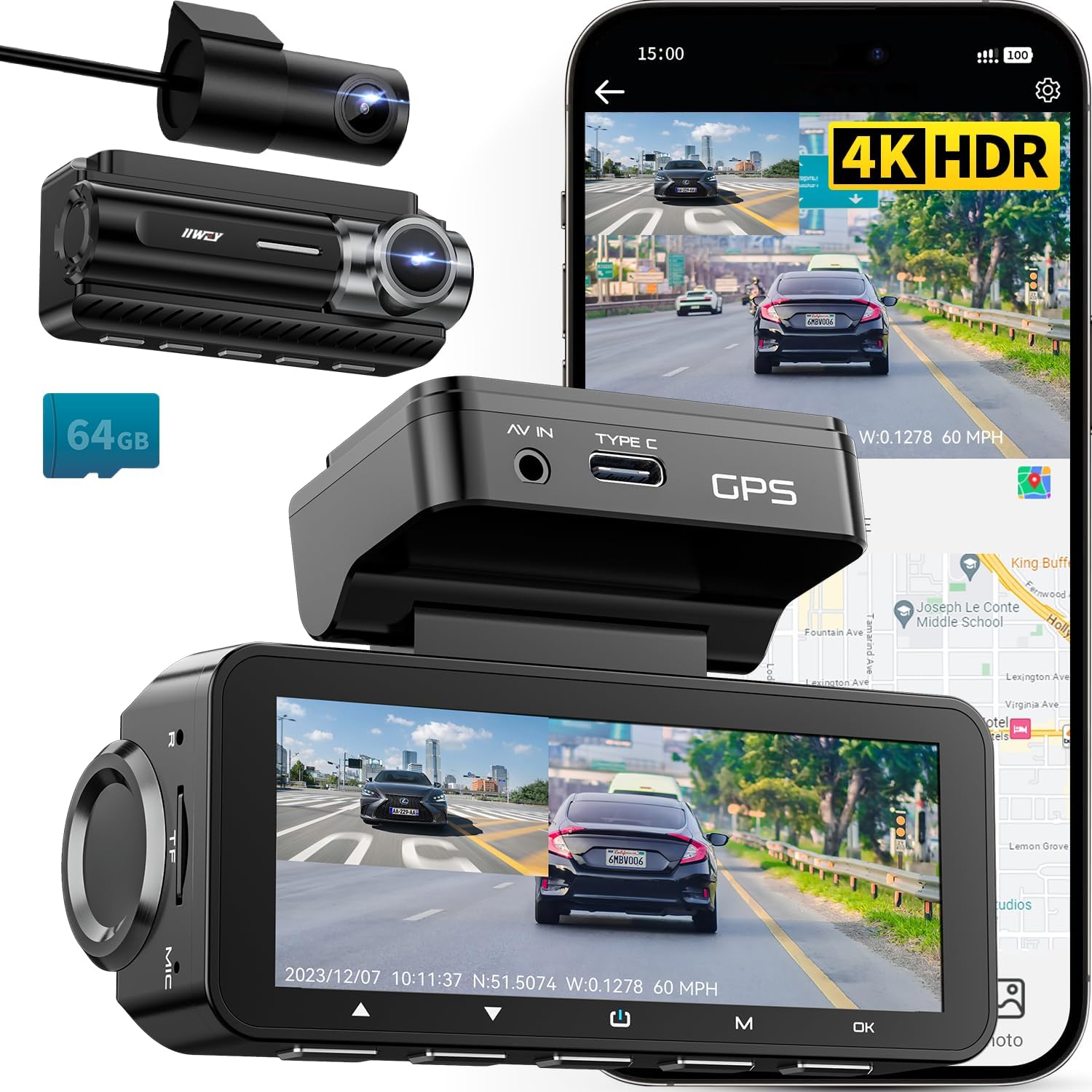 IIWEY D2 Pro Dash Cam Front and Rear 4K, Built-in GPS Speed, 5GHz WiFi, Voice Co...