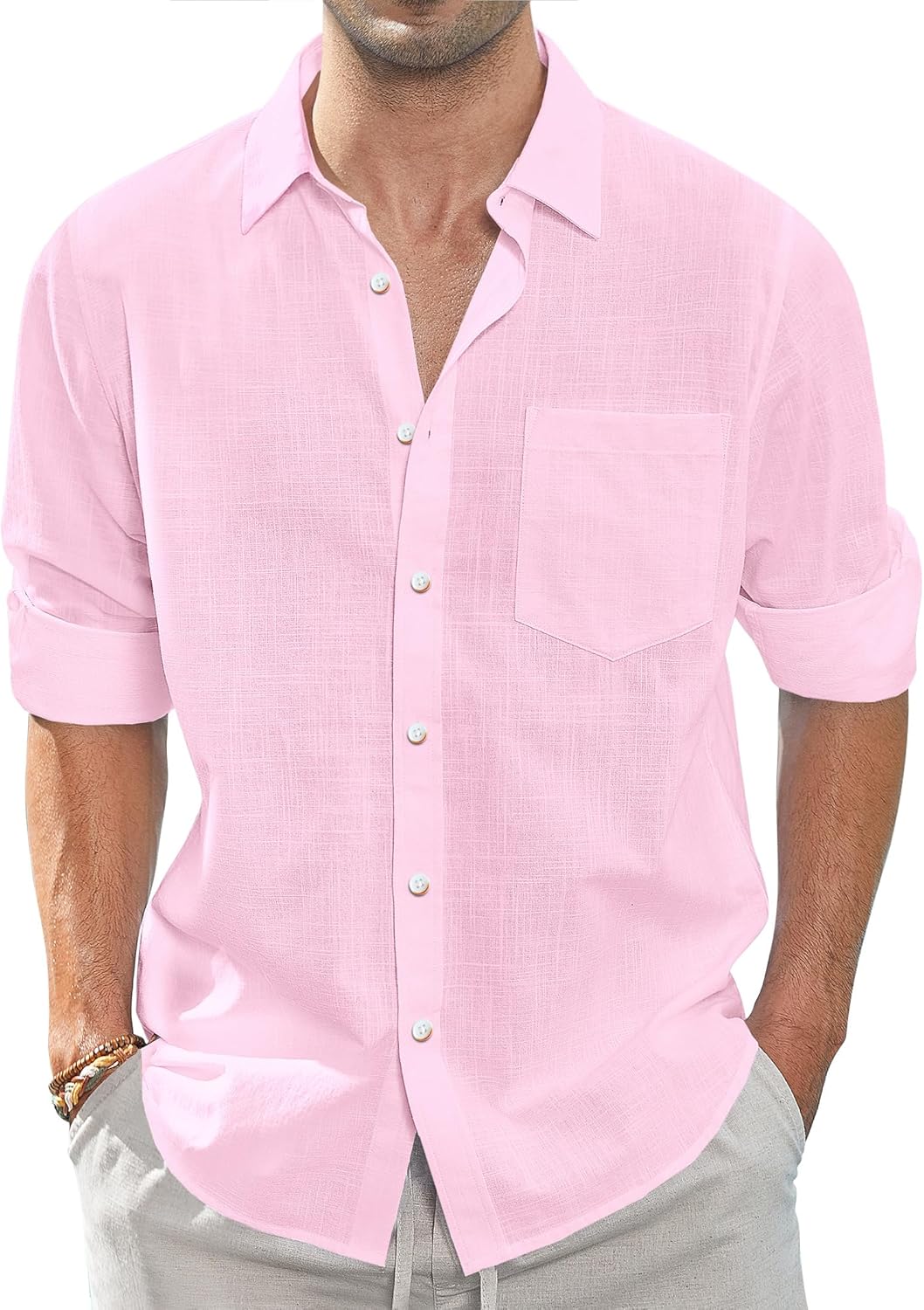 J.VER Men's Linen Cotton Shirts Long Sleeve Regular Fit Casual Solid Shirt Light...