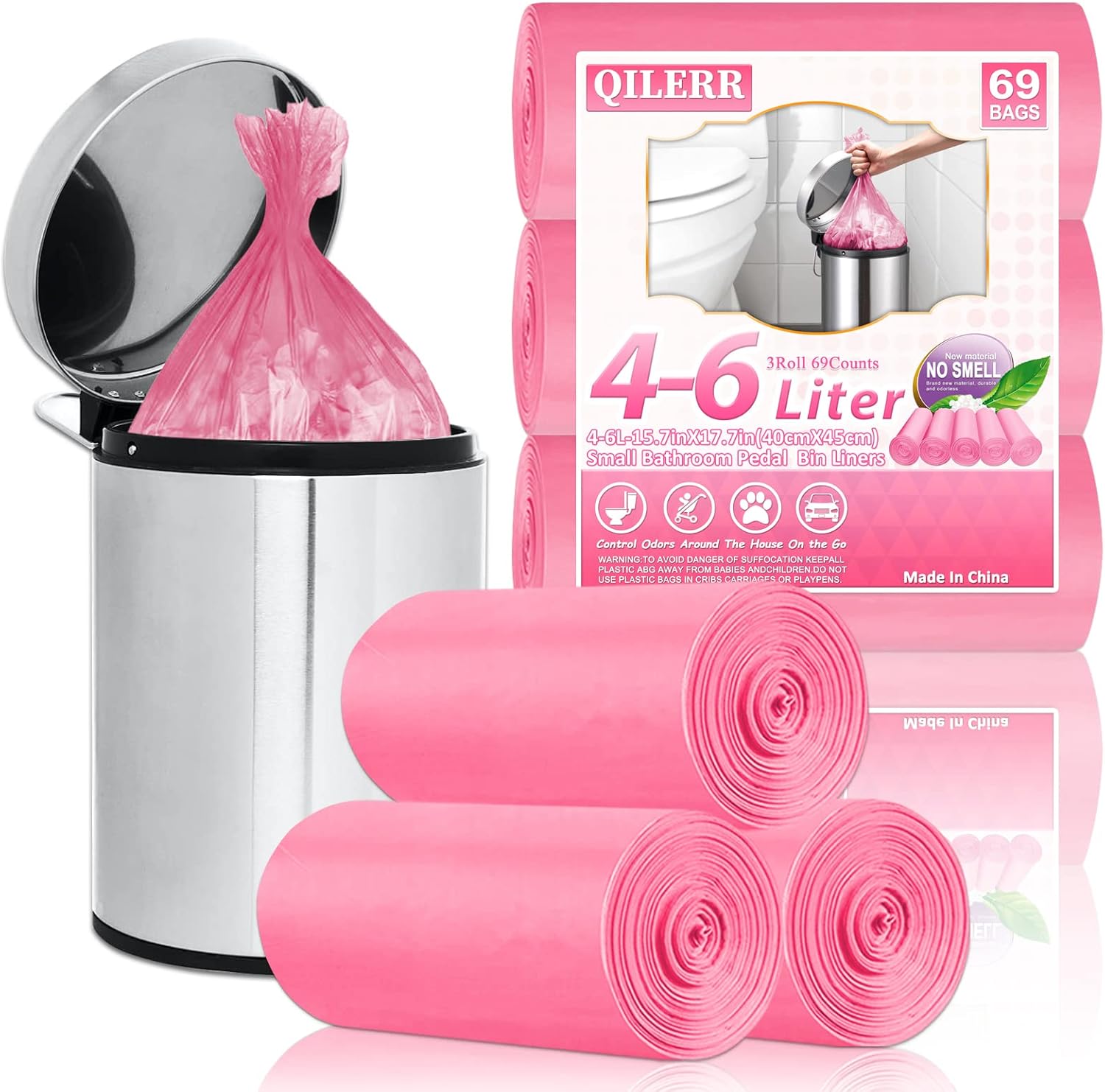 QILERR 4-6L Bin Bags Small Bin Liners 69 Counts Thick Plastic Waste Bags Pedal T...